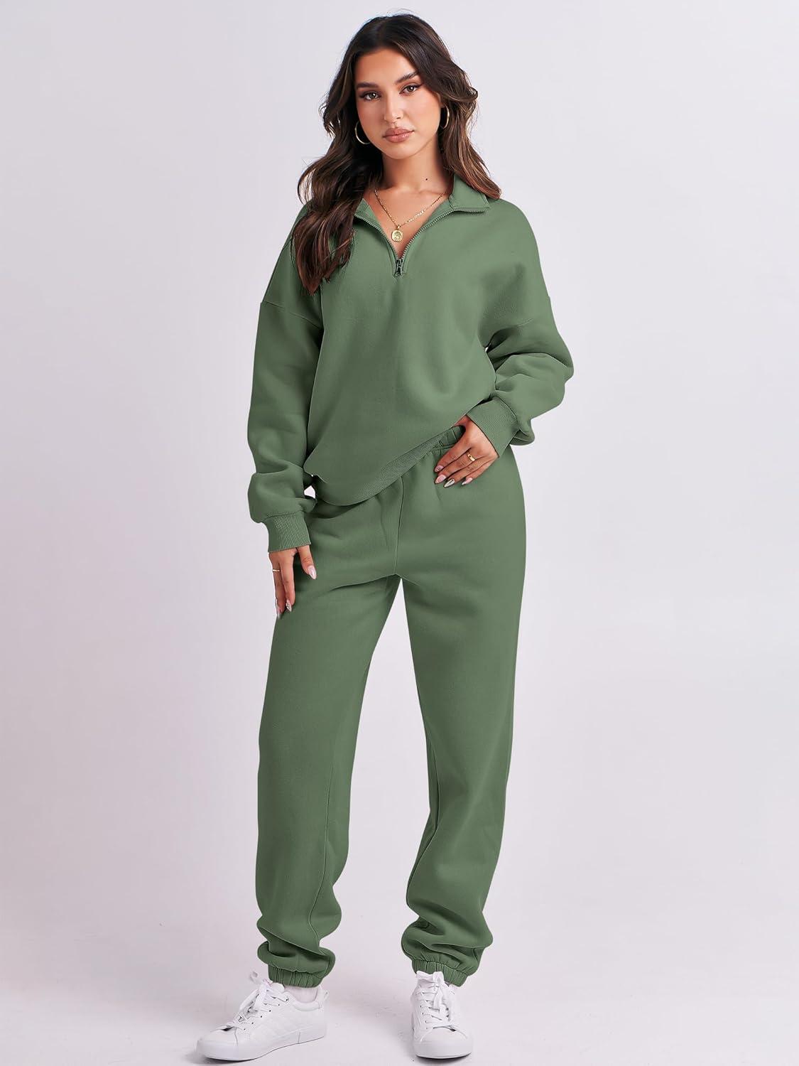 imageANRABESS Women 2 Piece Outfits Sweatsuit Oversized Half Zip Sweatshirt Jogger Sweatpants Tracksuit Lounge Set 2025 ClothesDeep Green