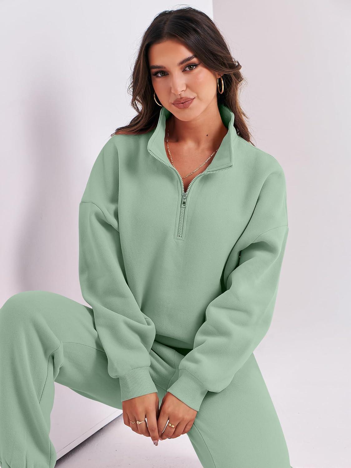 imageANRABESS Women 2 Piece Outfits Sweatsuit Oversized Half Zip Sweatshirt Jogger Sweatpants Tracksuit Lounge Set 2025 ClothesGreen