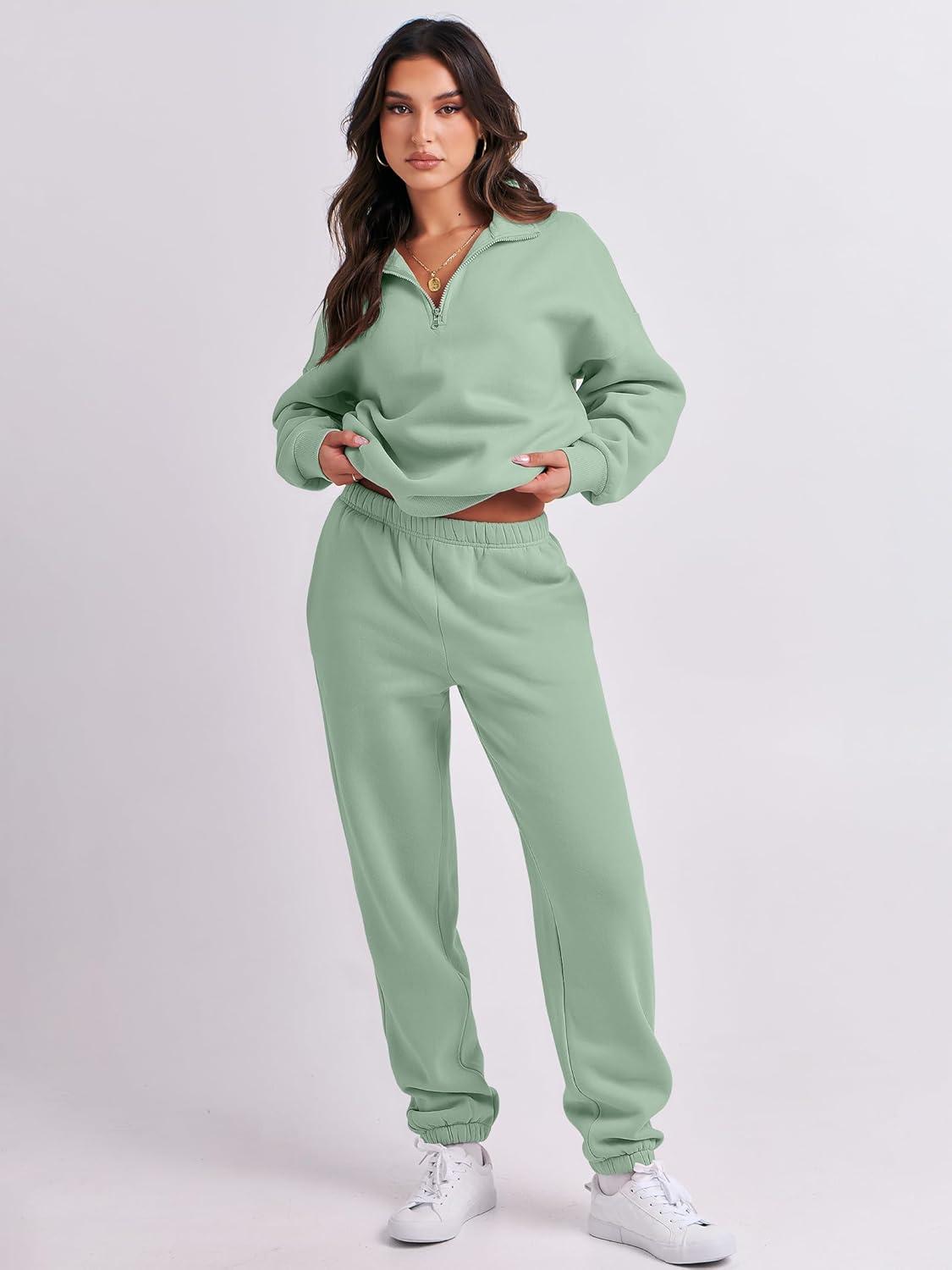 imageANRABESS Women 2 Piece Outfits Sweatsuit Oversized Half Zip Sweatshirt Jogger Sweatpants Tracksuit Lounge Set 2025 ClothesGreen