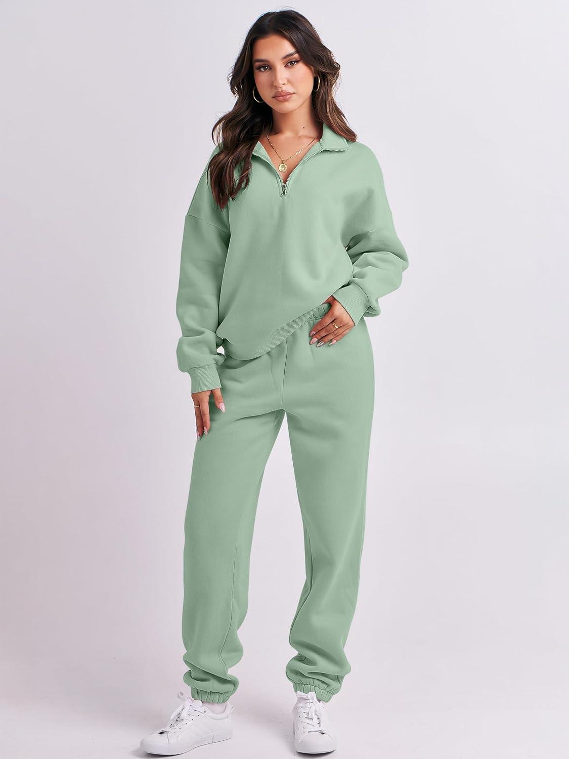 imageANRABESS Women 2 Piece Outfits Sweatsuit Oversized Half Zip Sweatshirt Jogger Sweatpants Tracksuit Lounge Set 2025 ClothesGreen