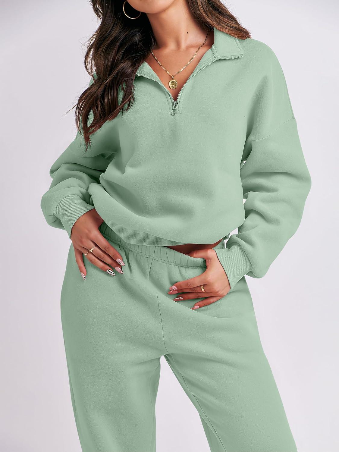 imageANRABESS Women 2 Piece Outfits Sweatsuit Oversized Half Zip Sweatshirt Jogger Sweatpants Tracksuit Lounge Set 2025 ClothesGreen