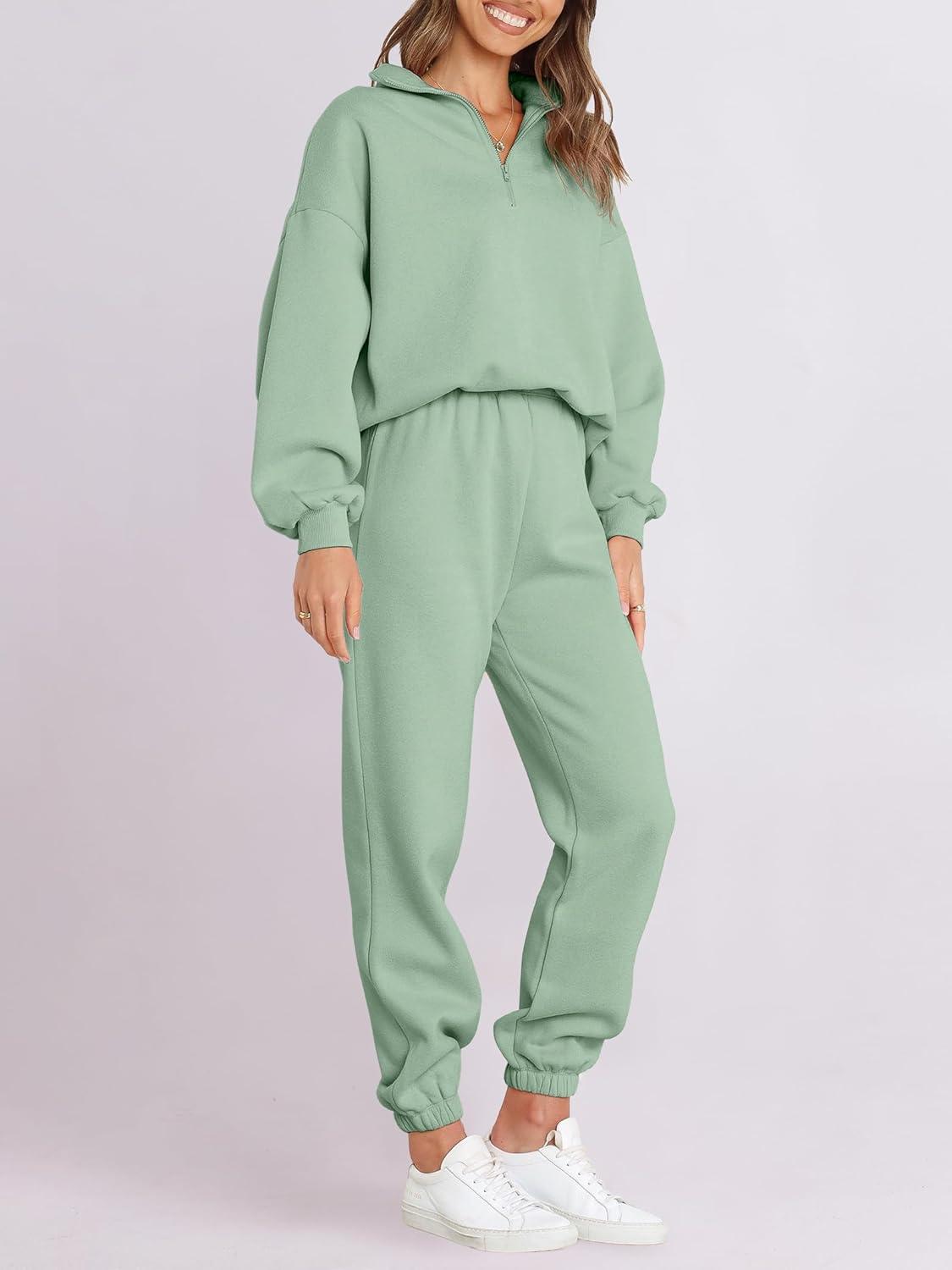 imageANRABESS Women 2 Piece Outfits Sweatsuit Oversized Half Zip Sweatshirt Jogger Sweatpants Tracksuit Lounge Set 2025 ClothesGreen