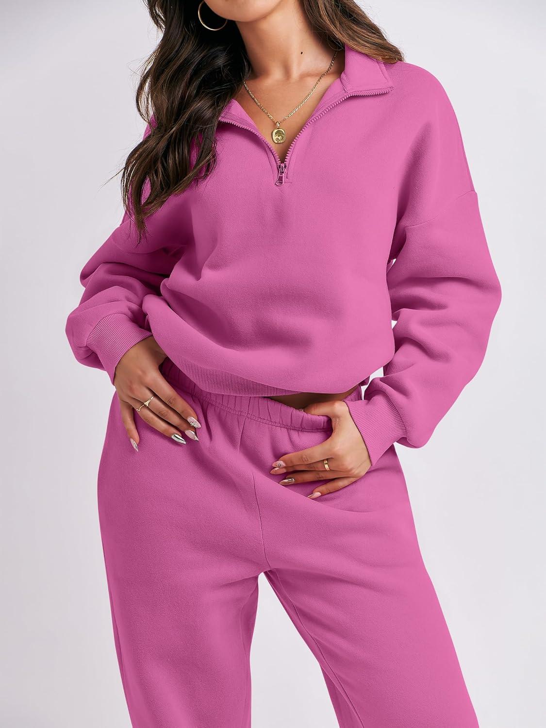 imageANRABESS Women 2 Piece Outfits Sweatsuit Oversized Half Zip Sweatshirt Jogger Sweatpants Tracksuit Lounge Set 2025 ClothesHot Pink