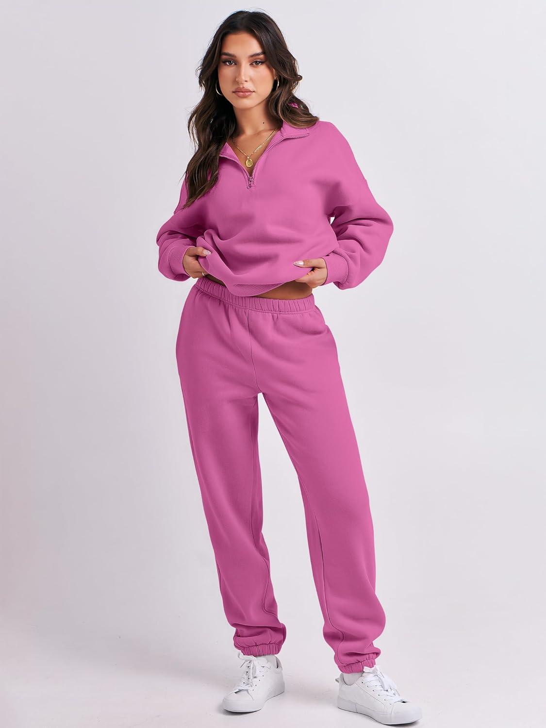 imageANRABESS Women 2 Piece Outfits Sweatsuit Oversized Half Zip Sweatshirt Jogger Sweatpants Tracksuit Lounge Set 2025 ClothesHot Pink