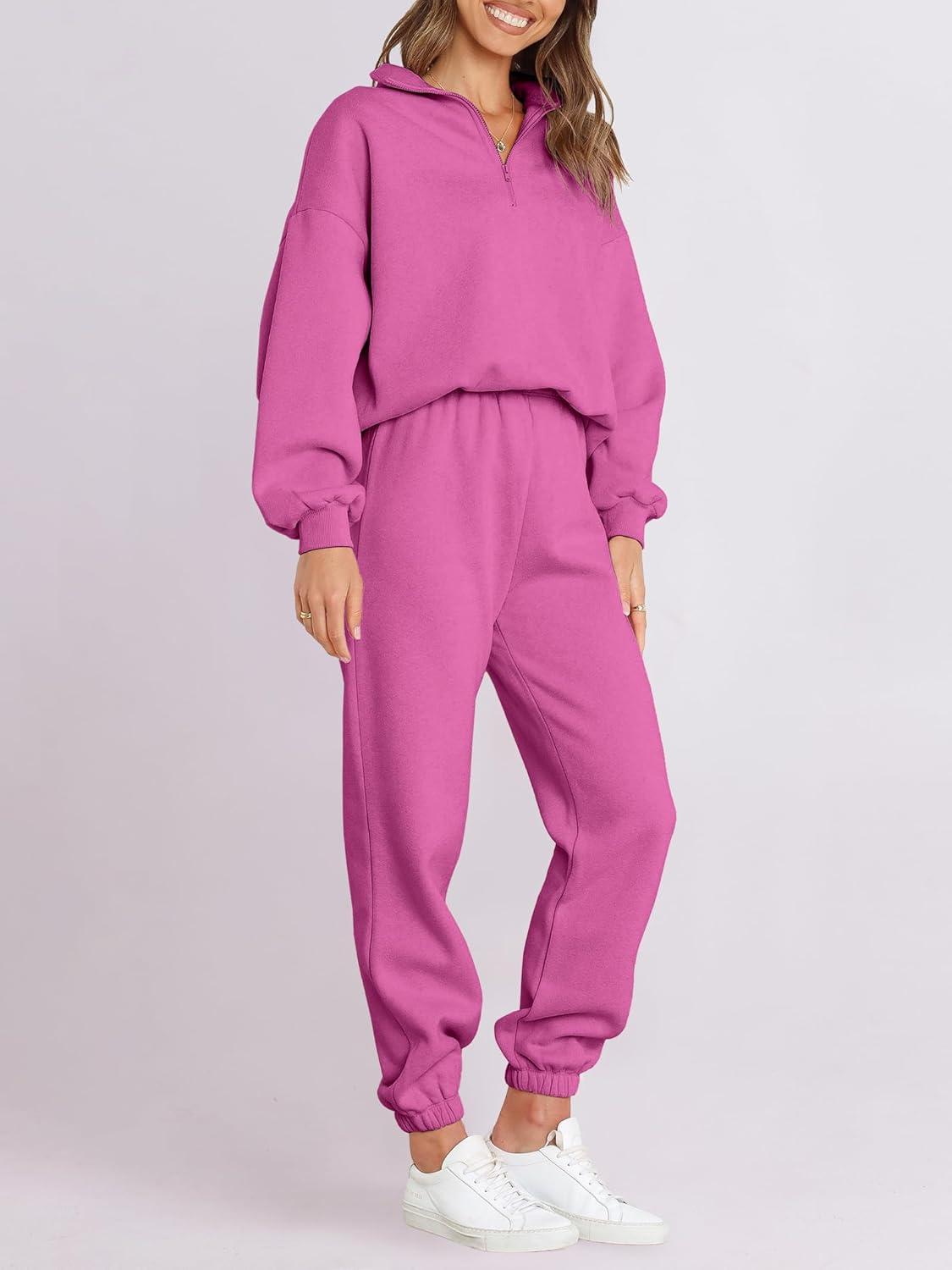 imageANRABESS Women 2 Piece Outfits Sweatsuit Oversized Half Zip Sweatshirt Jogger Sweatpants Tracksuit Lounge Set 2025 ClothesHot Pink