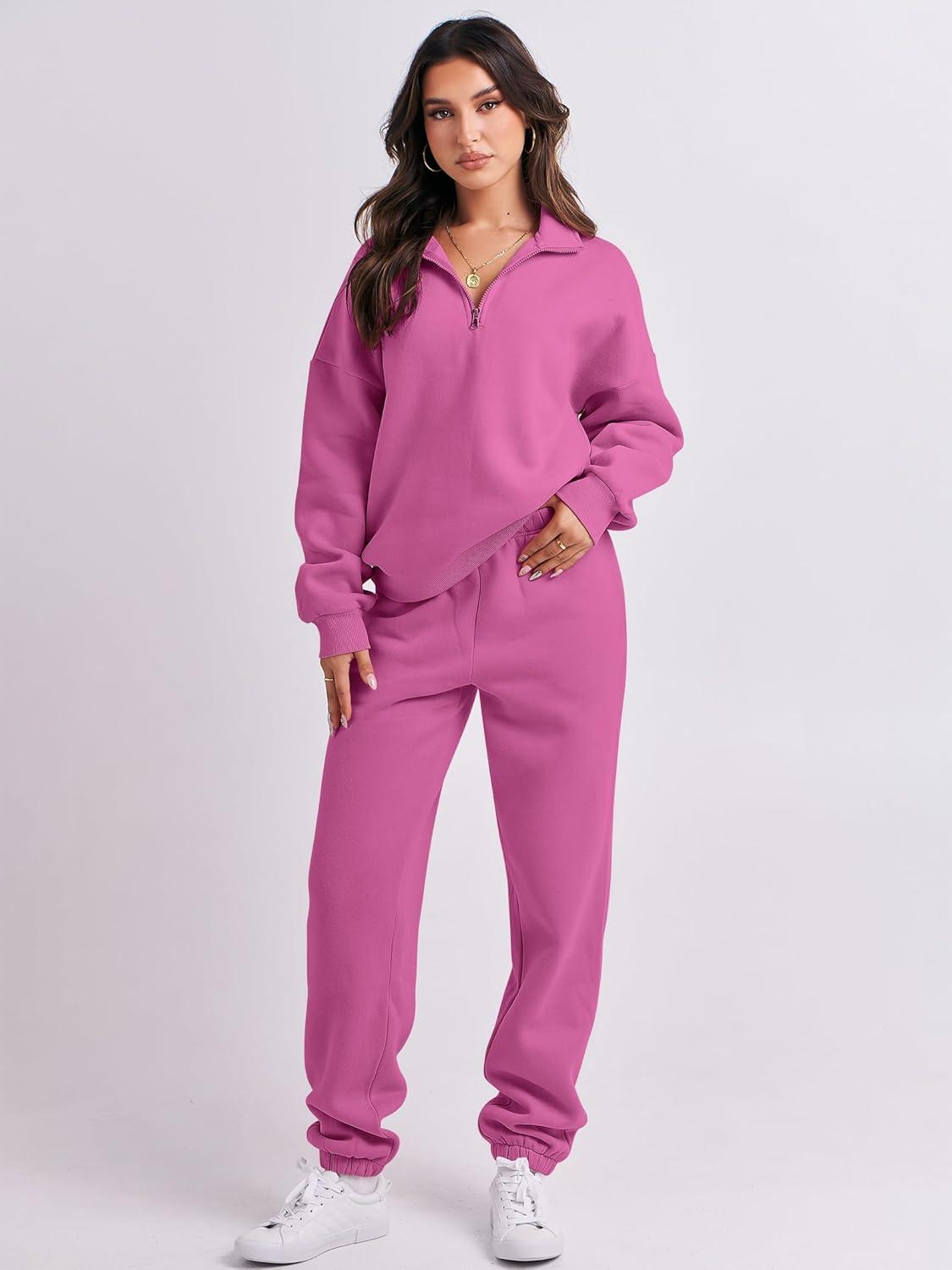 imageANRABESS Women 2 Piece Outfits Sweatsuit Oversized Half Zip Sweatshirt Jogger Sweatpants Tracksuit Lounge Set 2025 ClothesHot Pink