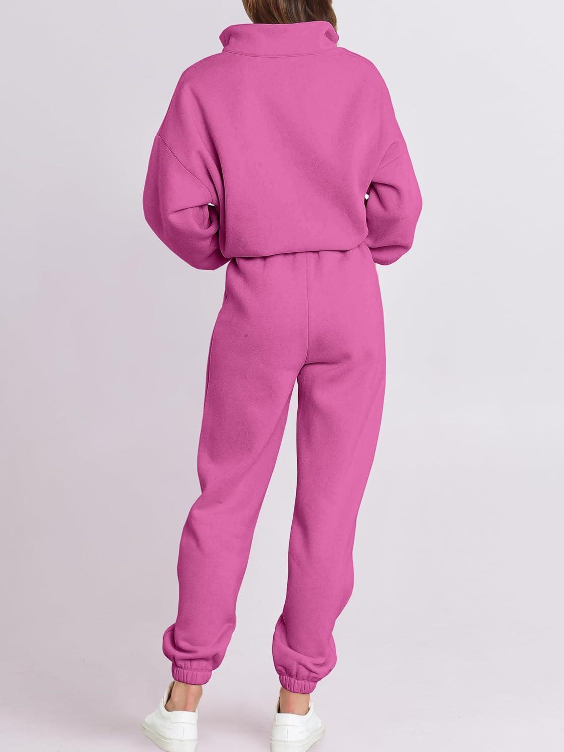 imageANRABESS Women 2 Piece Outfits Sweatsuit Oversized Half Zip Sweatshirt Jogger Sweatpants Tracksuit Lounge Set 2025 ClothesHot Pink