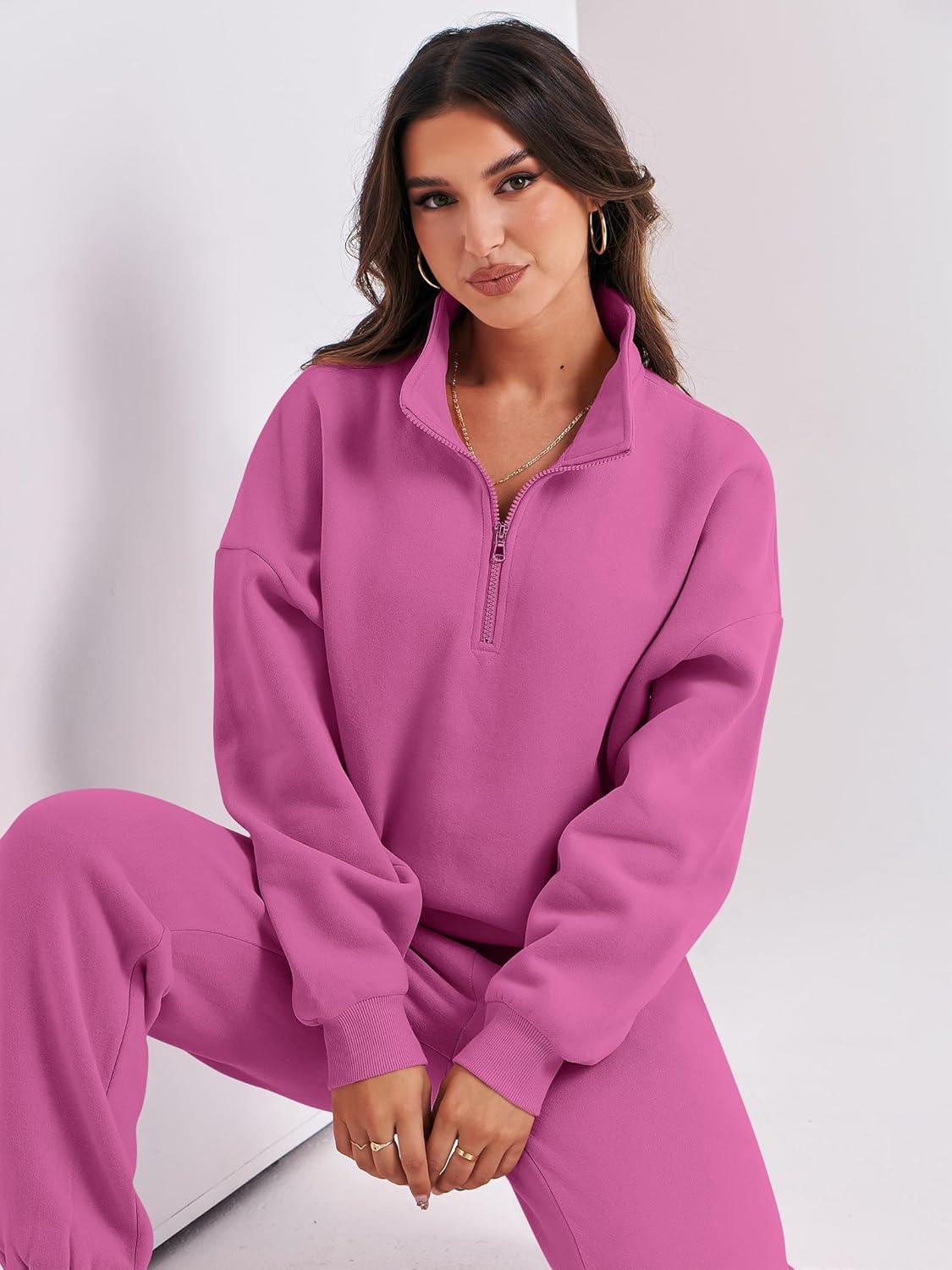 imageANRABESS Women 2 Piece Outfits Sweatsuit Oversized Half Zip Sweatshirt Jogger Sweatpants Tracksuit Lounge Set 2025 ClothesHot Pink