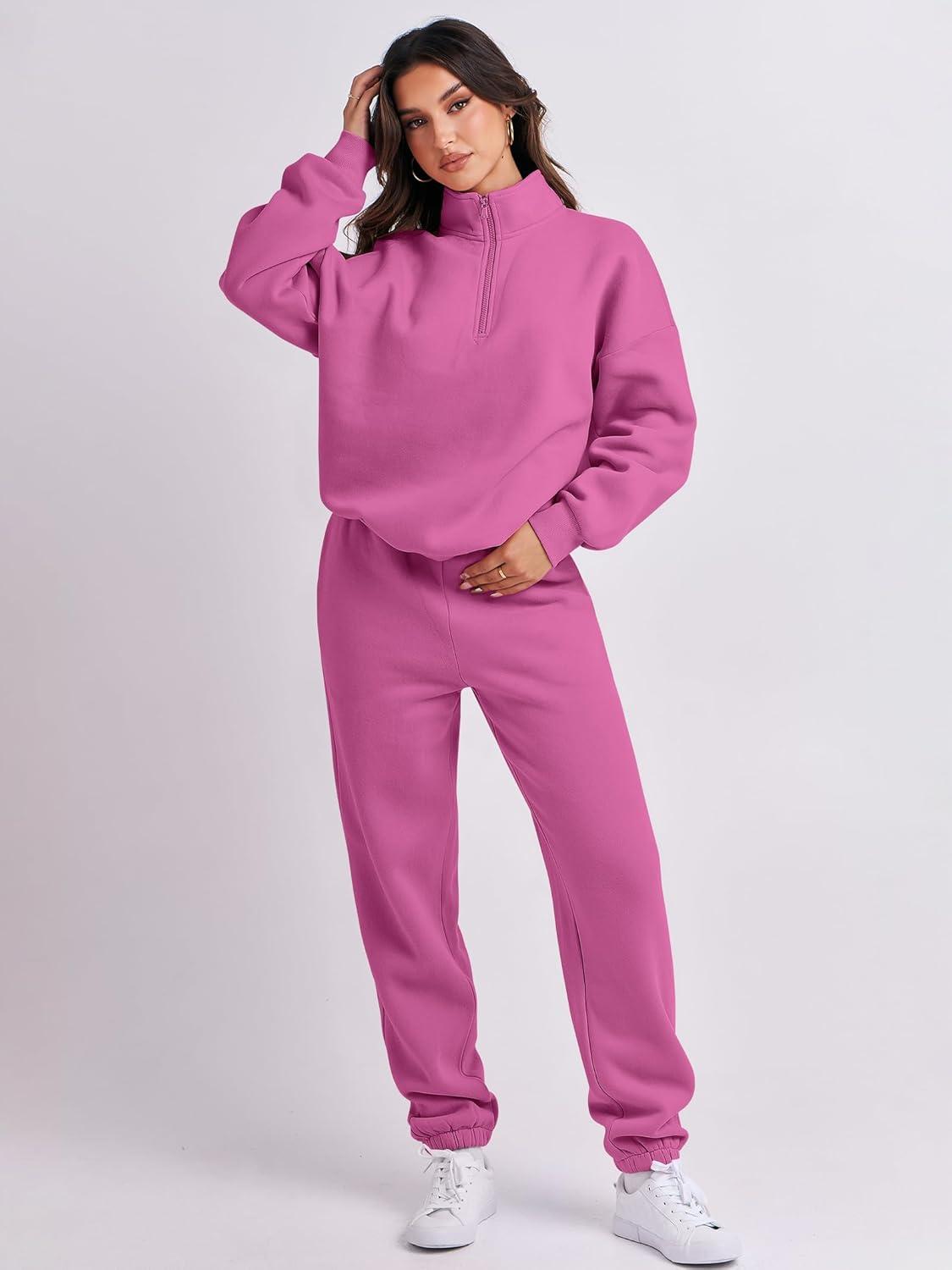 imageANRABESS Women 2 Piece Outfits Sweatsuit Oversized Half Zip Sweatshirt Jogger Sweatpants Tracksuit Lounge Set 2025 ClothesHot Pink
