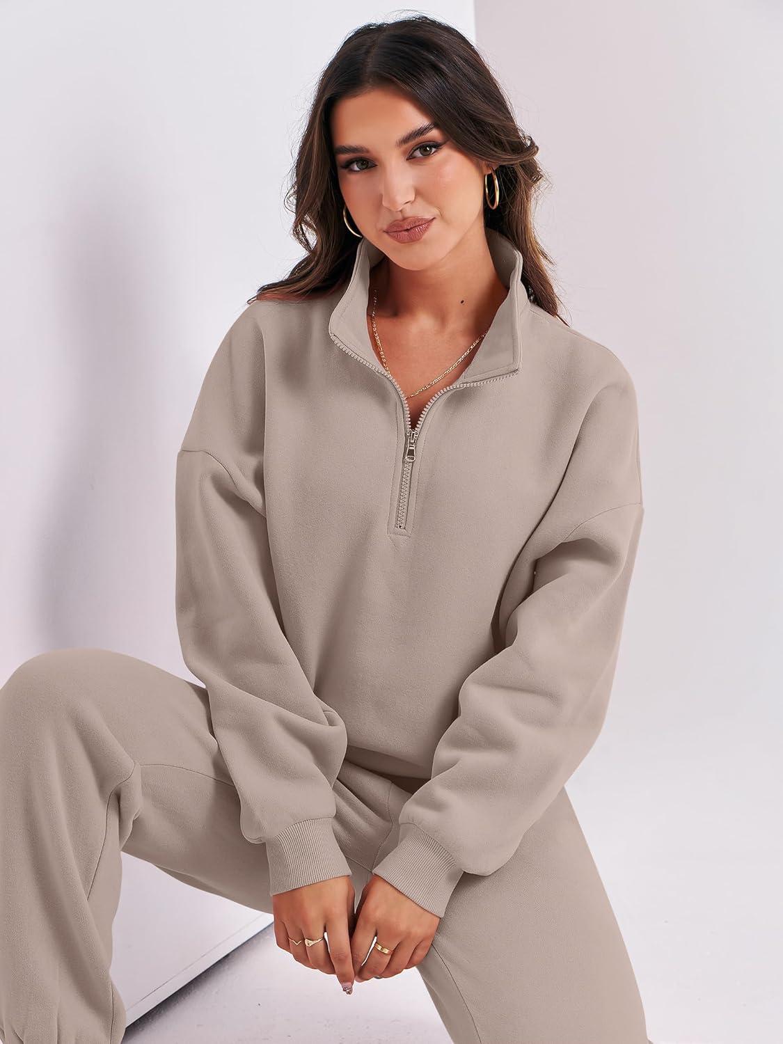 imageANRABESS Women 2 Piece Outfits Sweatsuit Oversized Half Zip Sweatshirt Jogger Sweatpants Tracksuit Lounge Set 2025 ClothesLight Khaki