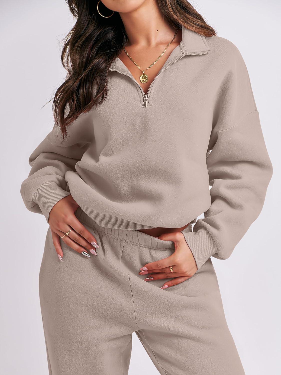 imageANRABESS Women 2 Piece Outfits Sweatsuit Oversized Half Zip Sweatshirt Jogger Sweatpants Tracksuit Lounge Set 2025 ClothesLight Khaki