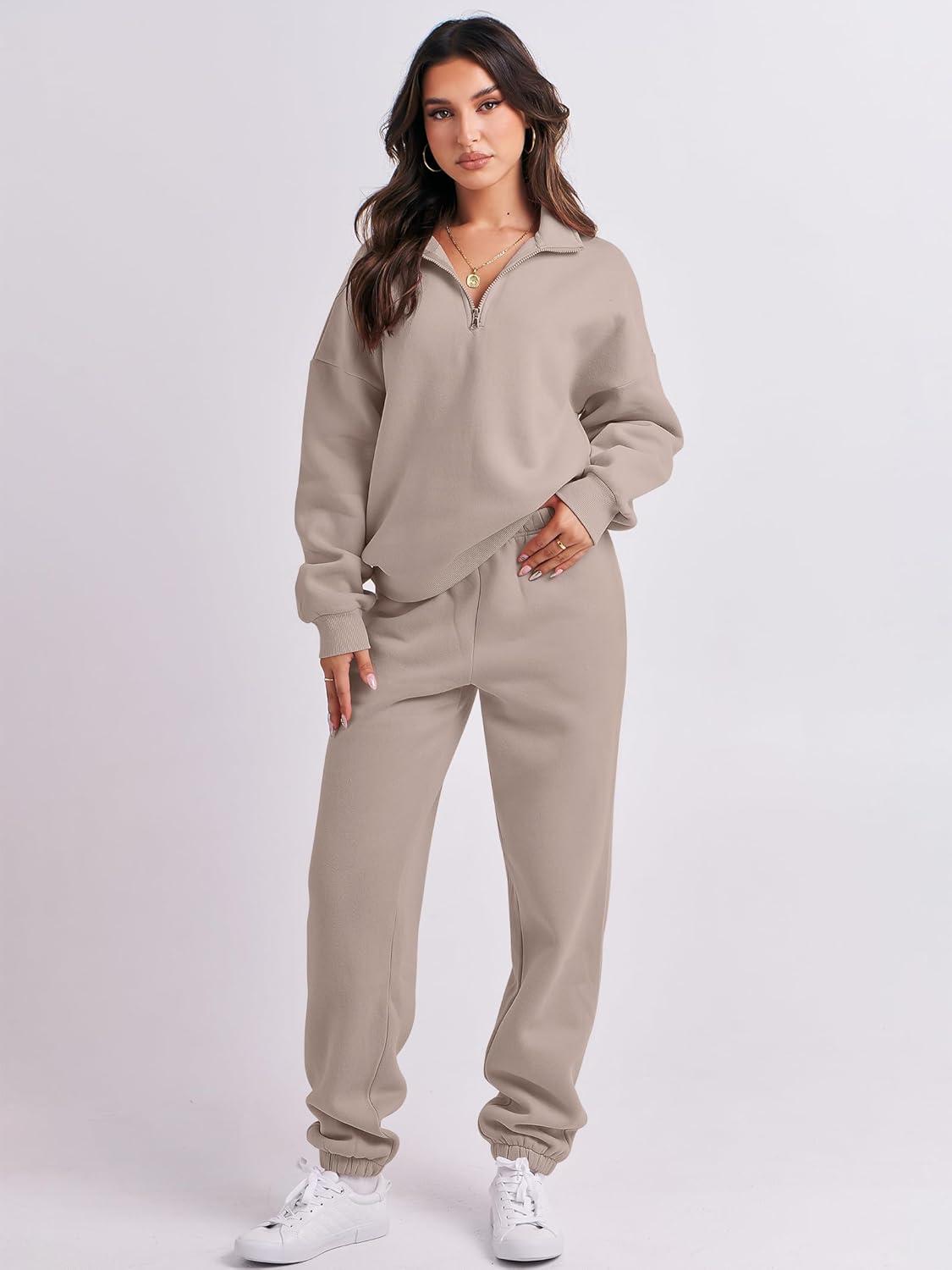 imageANRABESS Women 2 Piece Outfits Sweatsuit Oversized Half Zip Sweatshirt Jogger Sweatpants Tracksuit Lounge Set 2025 ClothesLight Khaki