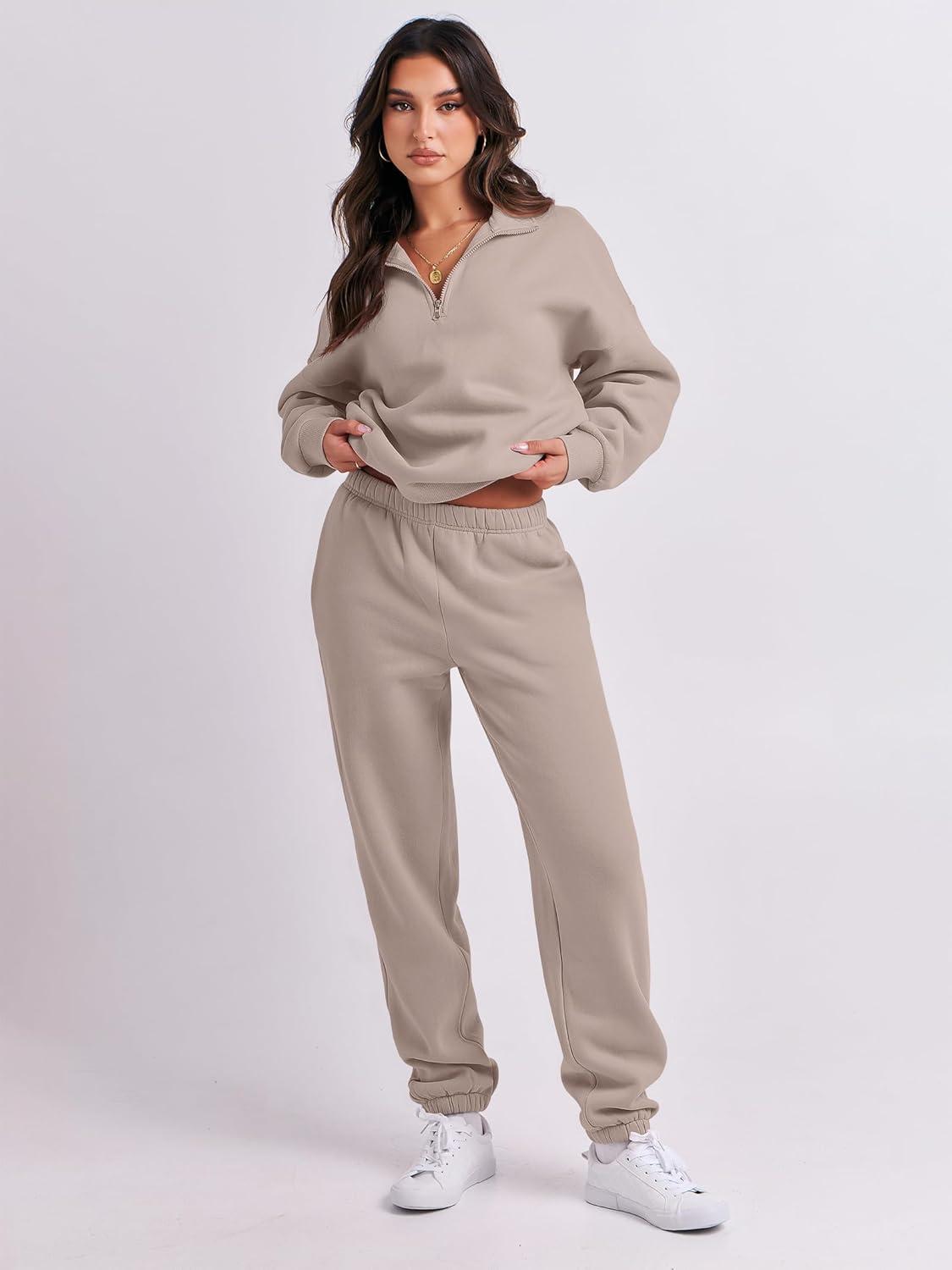 imageANRABESS Women 2 Piece Outfits Sweatsuit Oversized Half Zip Sweatshirt Jogger Sweatpants Tracksuit Lounge Set 2025 ClothesLight Khaki