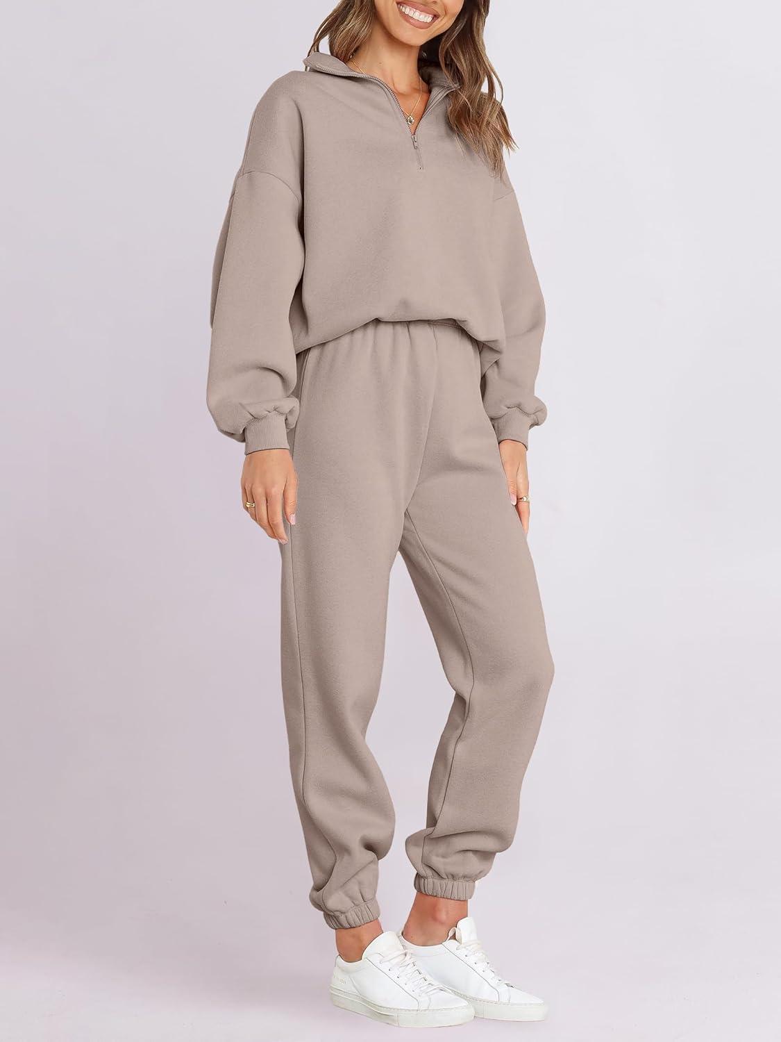 imageANRABESS Women 2 Piece Outfits Sweatsuit Oversized Half Zip Sweatshirt Jogger Sweatpants Tracksuit Lounge Set 2025 ClothesLight Khaki