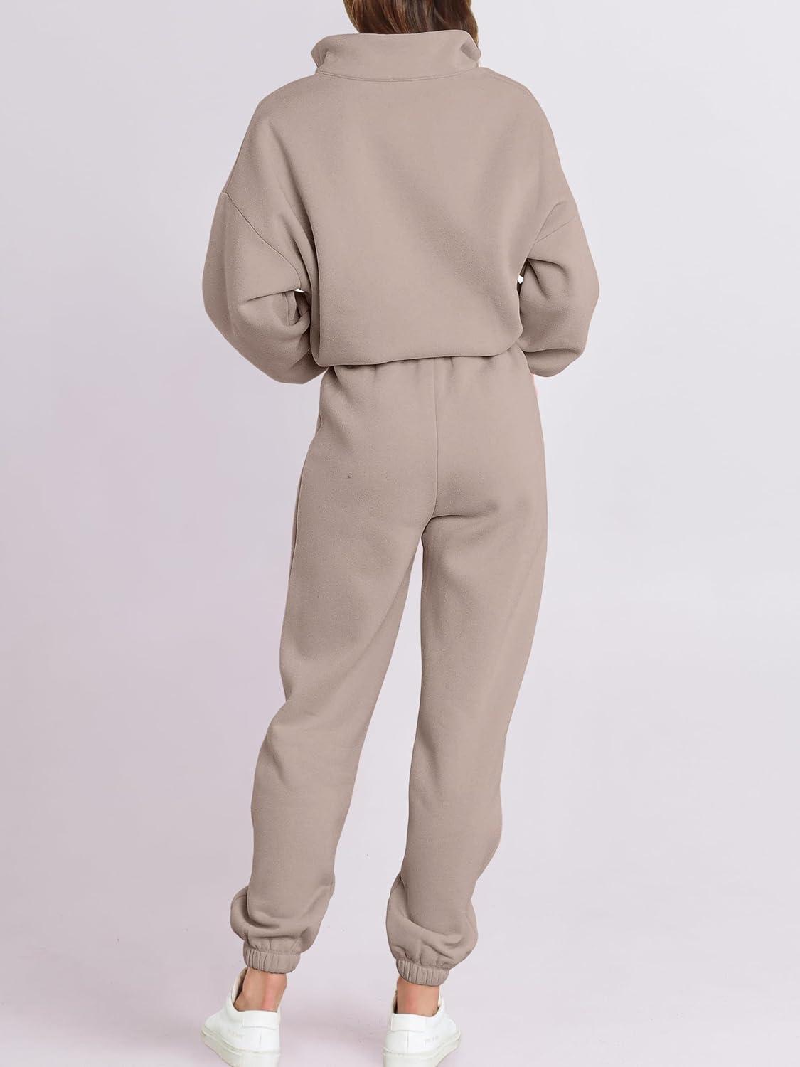 imageANRABESS Women 2 Piece Outfits Sweatsuit Oversized Half Zip Sweatshirt Jogger Sweatpants Tracksuit Lounge Set 2025 ClothesLight Khaki