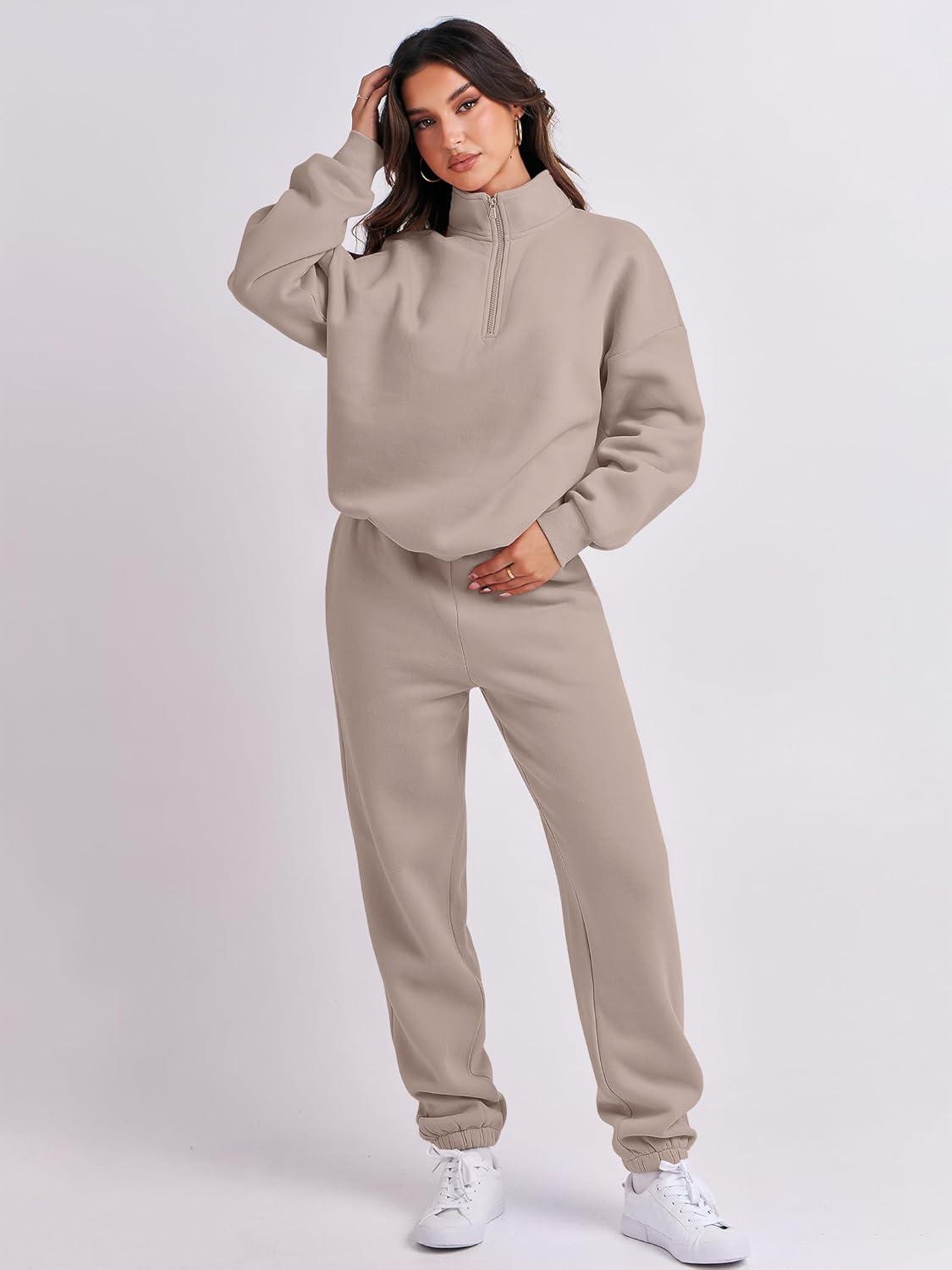 imageANRABESS Women 2 Piece Outfits Sweatsuit Oversized Half Zip Sweatshirt Jogger Sweatpants Tracksuit Lounge Set 2025 ClothesLight Khaki