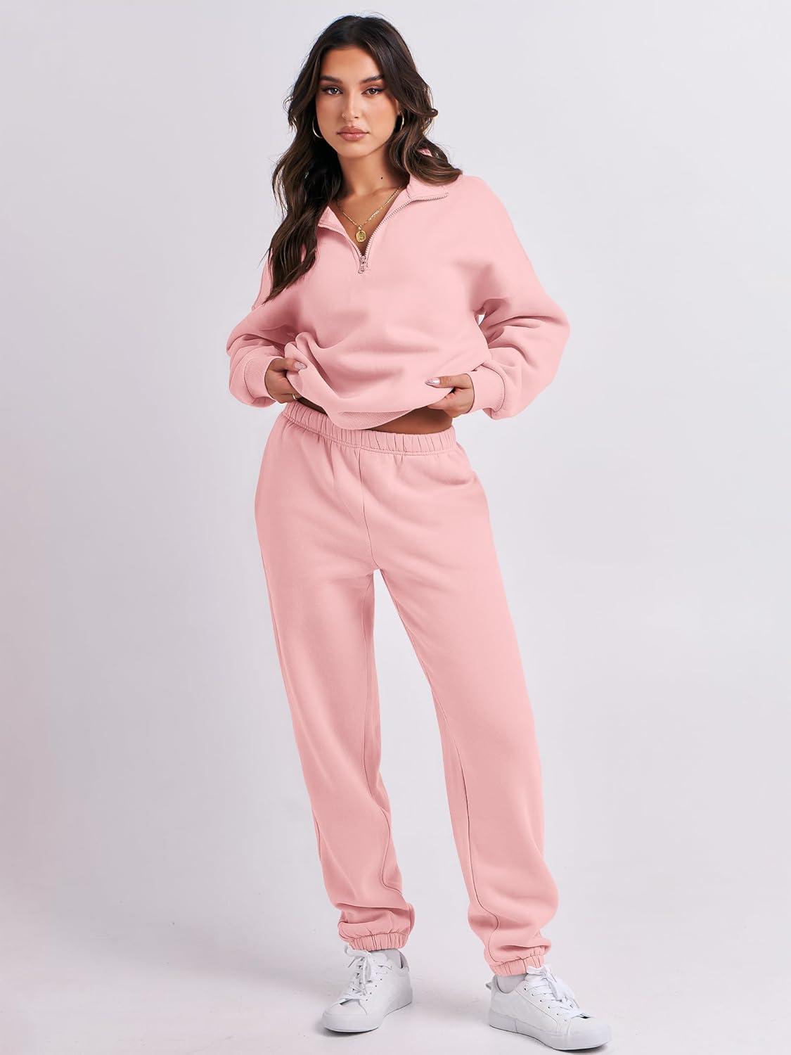 imageANRABESS Women 2 Piece Outfits Sweatsuit Oversized Half Zip Sweatshirt Jogger Sweatpants Tracksuit Lounge Set 2025 ClothesLight Pink