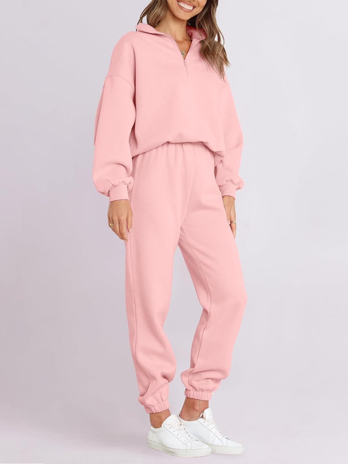 imageANRABESS Women 2 Piece Outfits Sweatsuit Oversized Half Zip Sweatshirt Jogger Sweatpants Tracksuit Lounge Set 2025 ClothesLight Pink