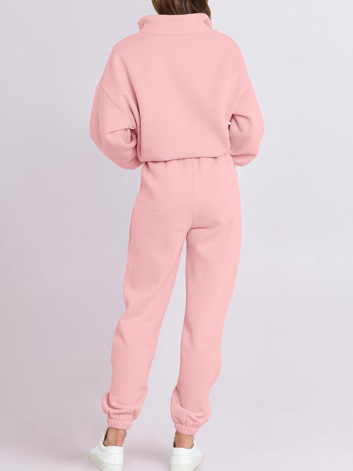 imageANRABESS Women 2 Piece Outfits Sweatsuit Oversized Half Zip Sweatshirt Jogger Sweatpants Tracksuit Lounge Set 2025 ClothesLight Pink