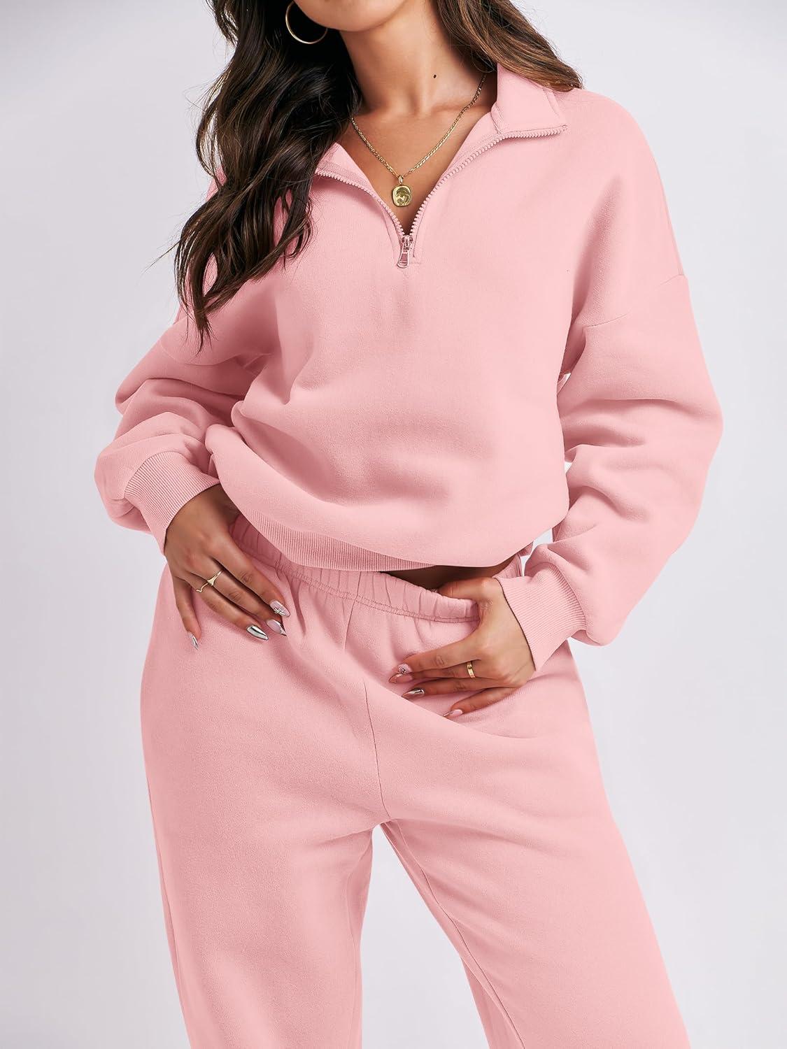 imageANRABESS Women 2 Piece Outfits Sweatsuit Oversized Half Zip Sweatshirt Jogger Sweatpants Tracksuit Lounge Set 2025 ClothesLight Pink