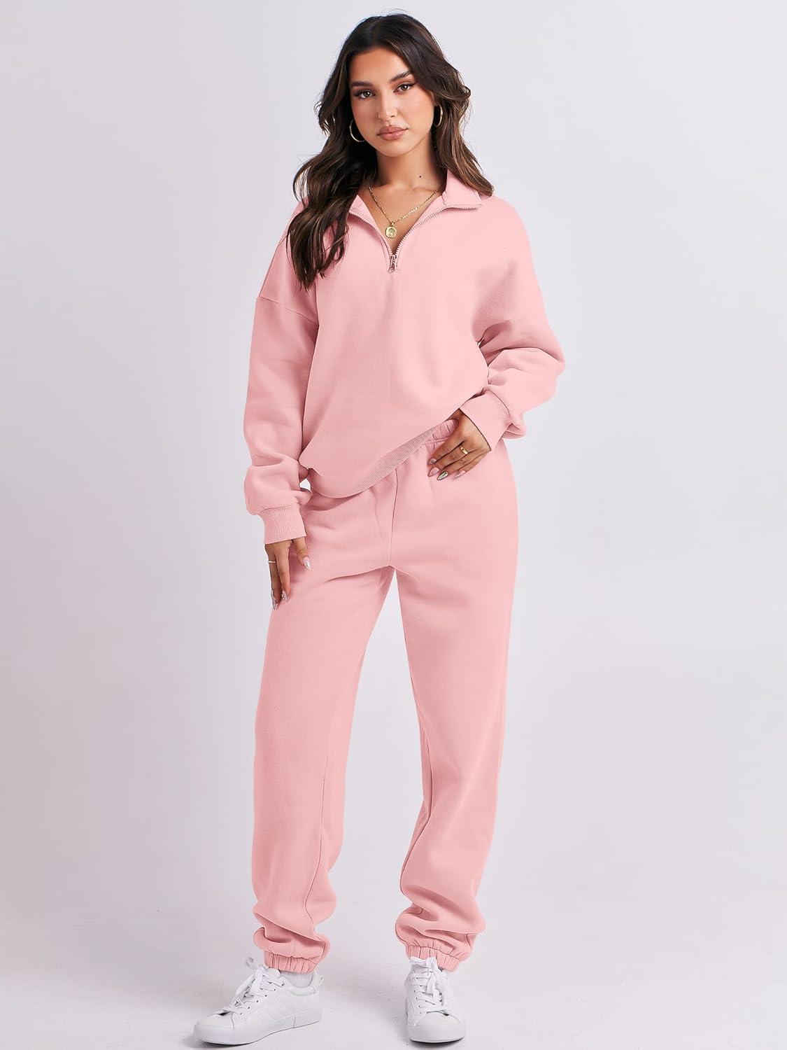 imageANRABESS Women 2 Piece Outfits Sweatsuit Oversized Half Zip Sweatshirt Jogger Sweatpants Tracksuit Lounge Set 2025 ClothesLight Pink