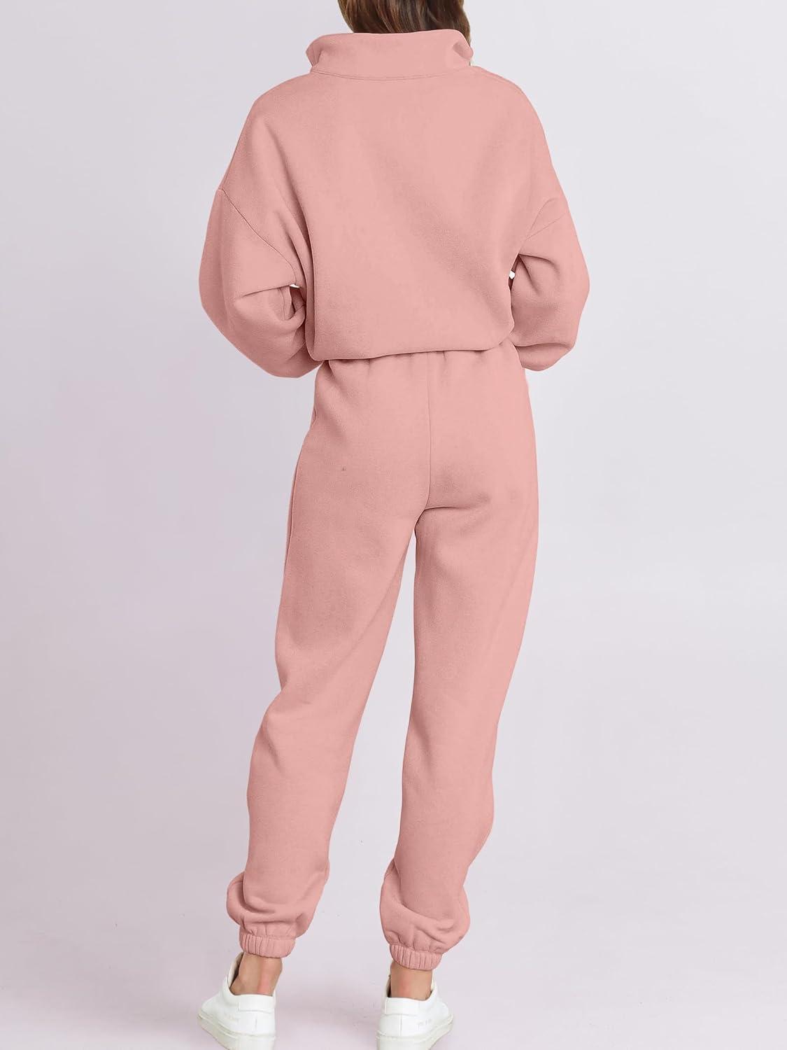 imageANRABESS Women 2 Piece Outfits Sweatsuit Oversized Half Zip Sweatshirt Jogger Sweatpants Tracksuit Lounge Set 2025 ClothesOrange Pink