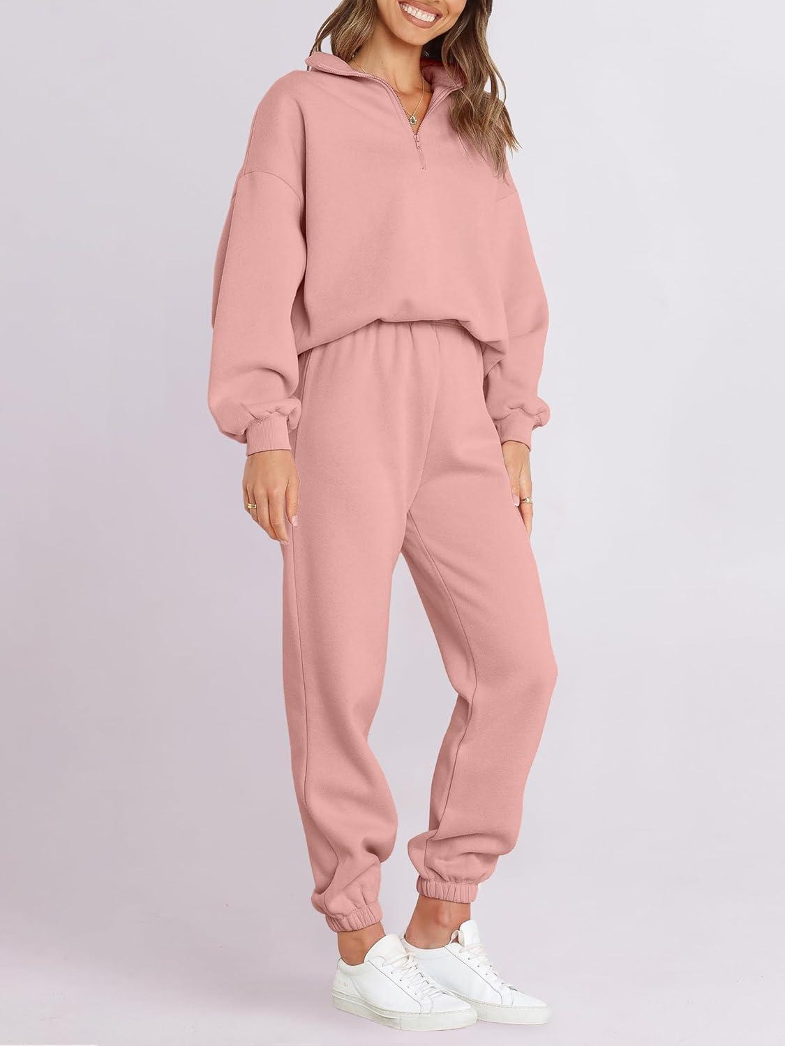 imageANRABESS Women 2 Piece Outfits Sweatsuit Oversized Half Zip Sweatshirt Jogger Sweatpants Tracksuit Lounge Set 2025 ClothesOrange Pink