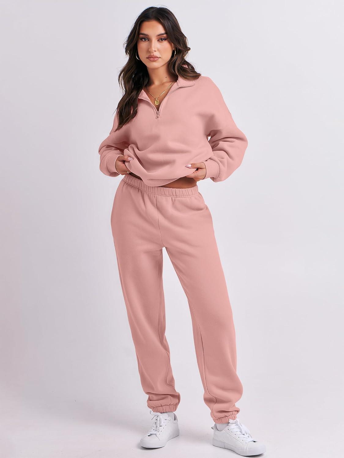 imageANRABESS Women 2 Piece Outfits Sweatsuit Oversized Half Zip Sweatshirt Jogger Sweatpants Tracksuit Lounge Set 2025 ClothesOrange Pink