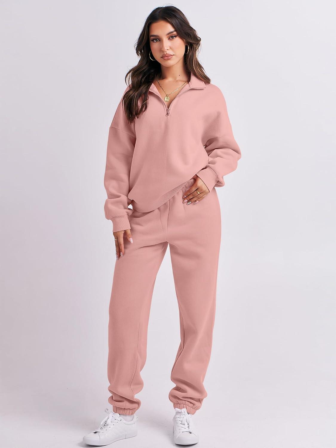 imageANRABESS Women 2 Piece Outfits Sweatsuit Oversized Half Zip Sweatshirt Jogger Sweatpants Tracksuit Lounge Set 2025 ClothesOrange Pink