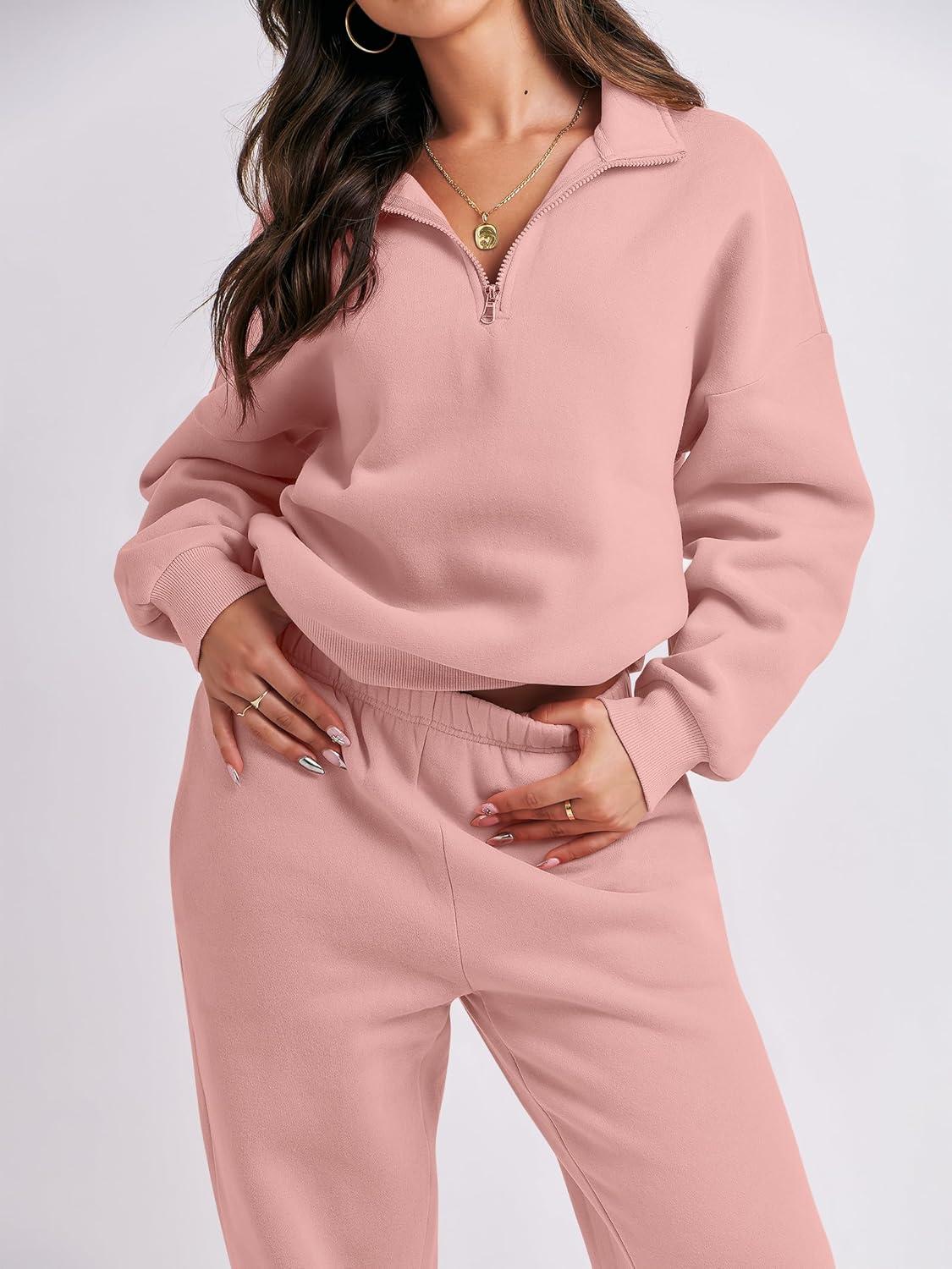 imageANRABESS Women 2 Piece Outfits Sweatsuit Oversized Half Zip Sweatshirt Jogger Sweatpants Tracksuit Lounge Set 2025 ClothesOrange Pink