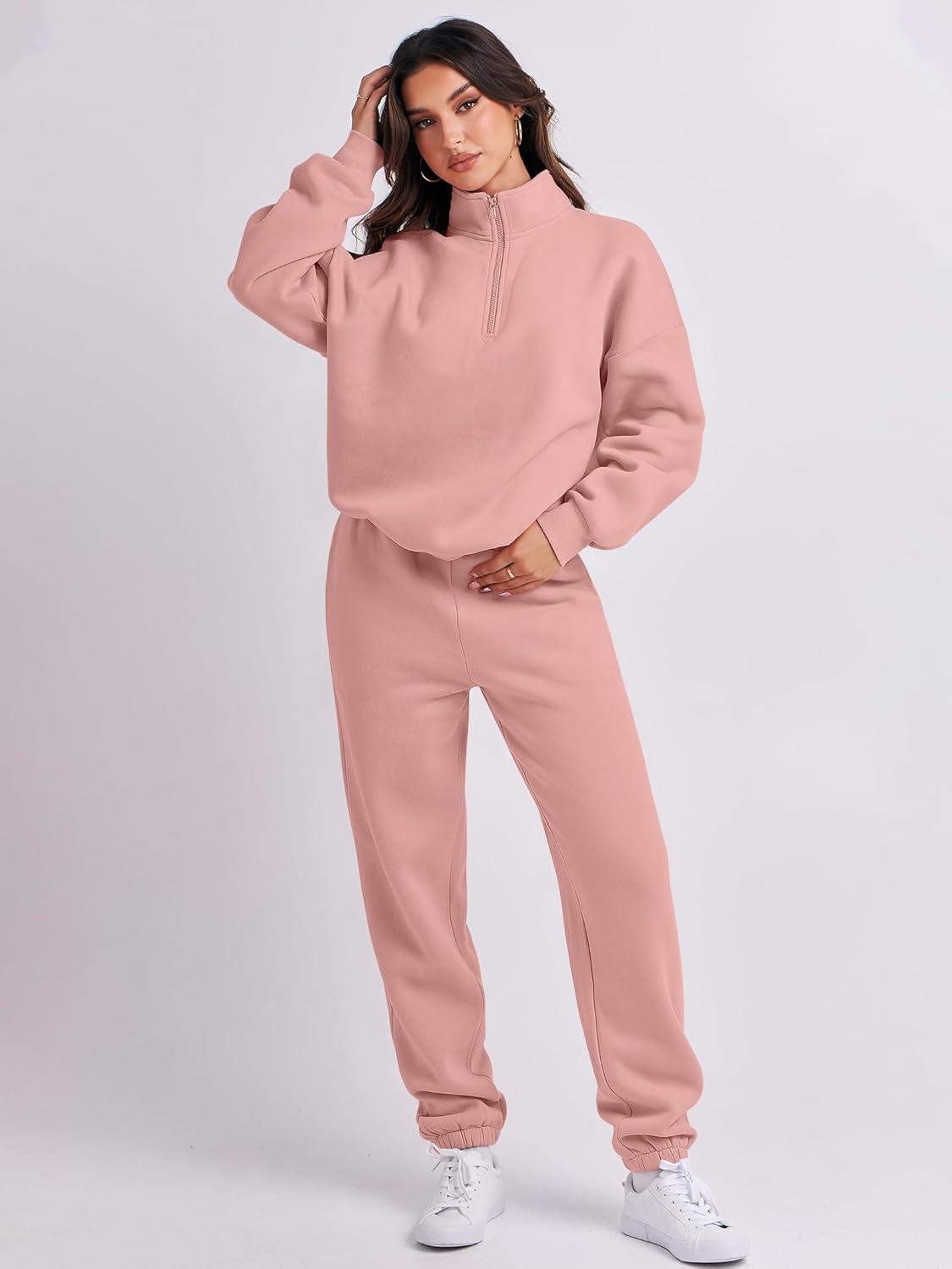 imageANRABESS Women 2 Piece Outfits Sweatsuit Oversized Half Zip Sweatshirt Jogger Sweatpants Tracksuit Lounge Set 2025 ClothesOrange Pink
