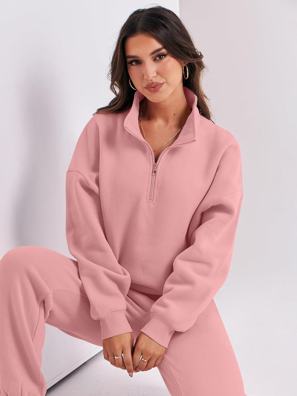 imageANRABESS Women 2 Piece Outfits Sweatsuit Oversized Half Zip Sweatshirt Jogger Sweatpants Tracksuit Lounge Set 2025 ClothesPink