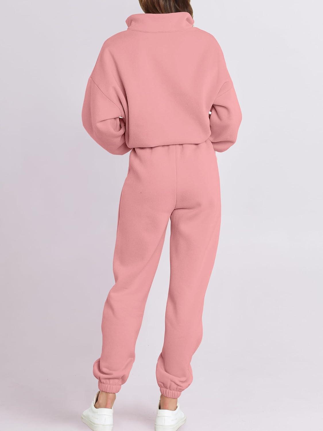 imageANRABESS Women 2 Piece Outfits Sweatsuit Oversized Half Zip Sweatshirt Jogger Sweatpants Tracksuit Lounge Set 2025 ClothesPink