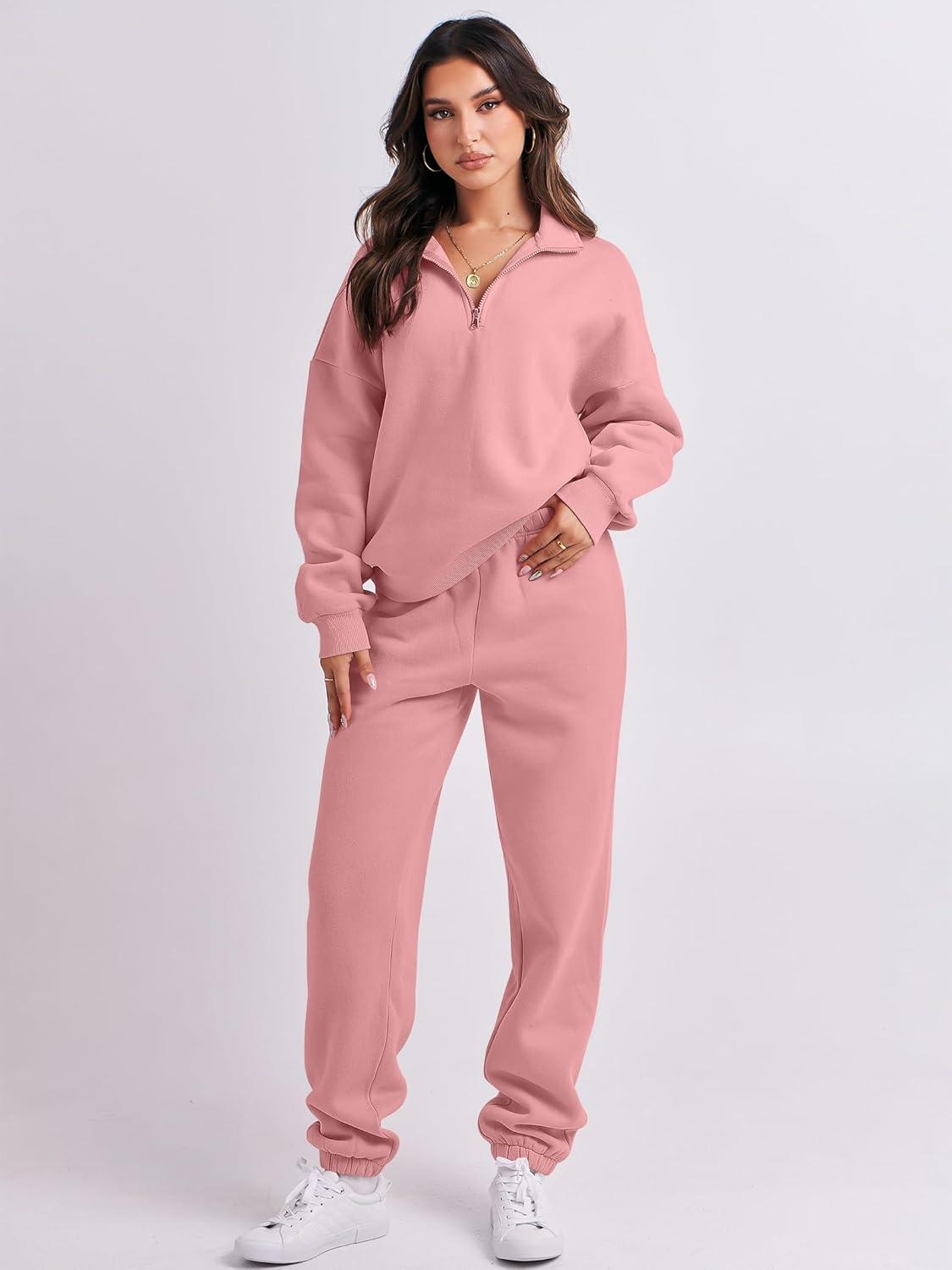 imageANRABESS Women 2 Piece Outfits Sweatsuit Oversized Half Zip Sweatshirt Jogger Sweatpants Tracksuit Lounge Set 2025 ClothesPink