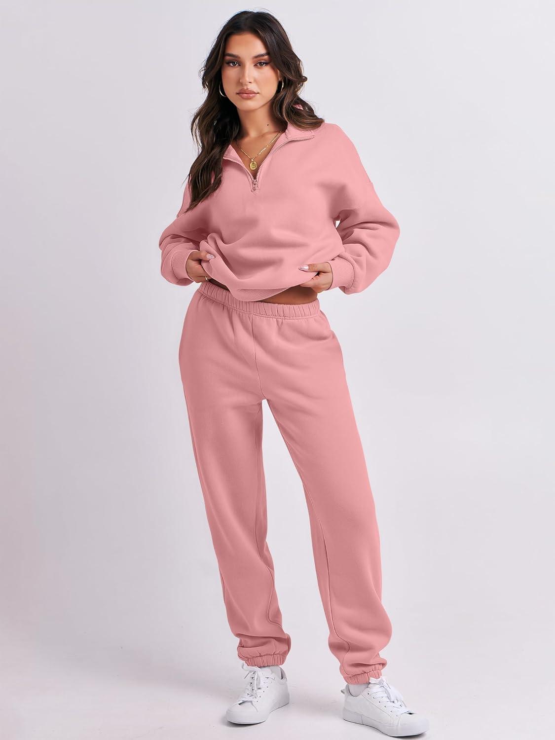 imageANRABESS Women 2 Piece Outfits Sweatsuit Oversized Half Zip Sweatshirt Jogger Sweatpants Tracksuit Lounge Set 2025 ClothesPink