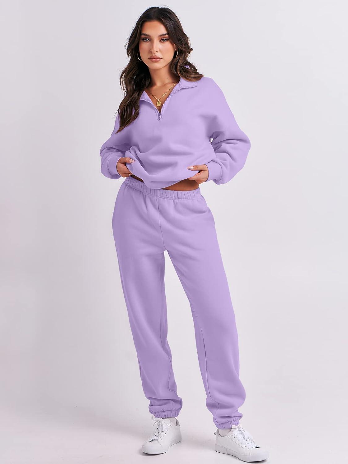 imageANRABESS Women 2 Piece Outfits Sweatsuit Oversized Half Zip Sweatshirt Jogger Sweatpants Tracksuit Lounge Set 2025 ClothesPurple
