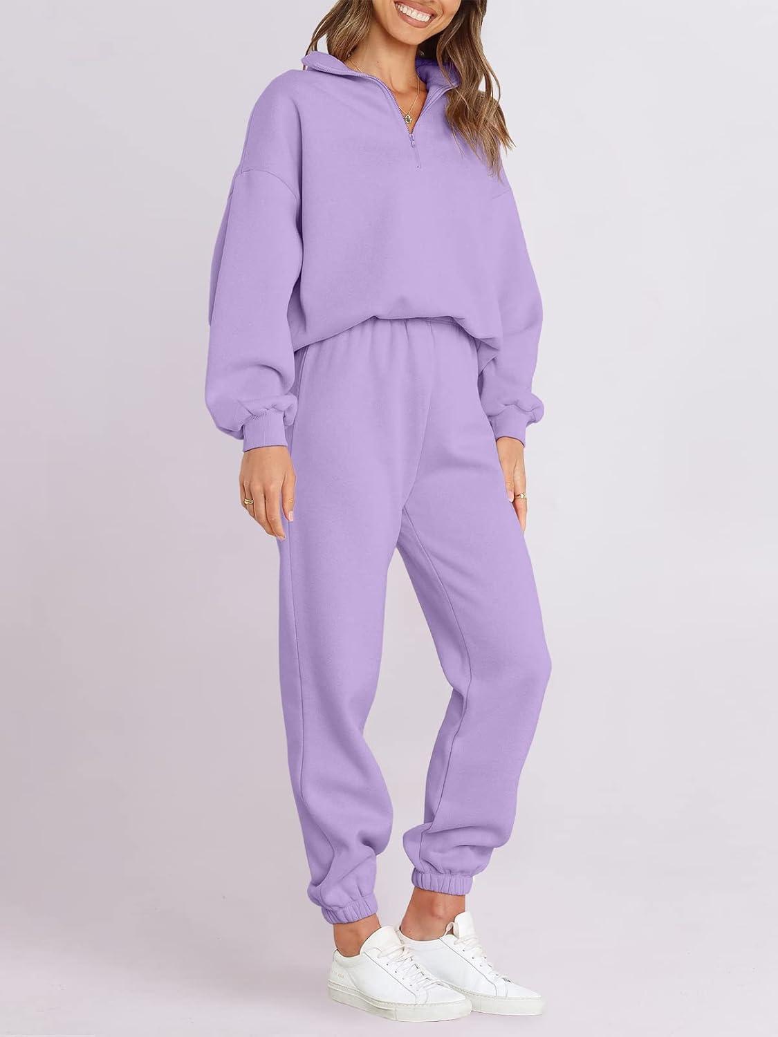 imageANRABESS Women 2 Piece Outfits Sweatsuit Oversized Half Zip Sweatshirt Jogger Sweatpants Tracksuit Lounge Set 2025 ClothesPurple