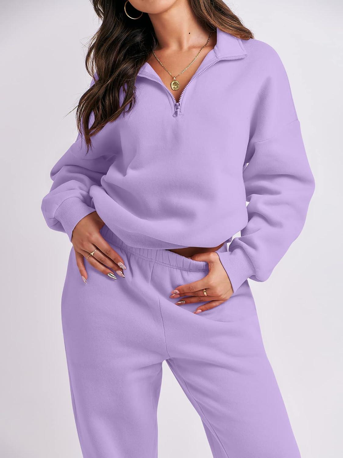imageANRABESS Women 2 Piece Outfits Sweatsuit Oversized Half Zip Sweatshirt Jogger Sweatpants Tracksuit Lounge Set 2025 ClothesPurple