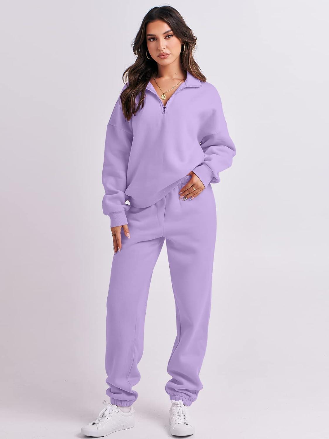 imageANRABESS Women 2 Piece Outfits Sweatsuit Oversized Half Zip Sweatshirt Jogger Sweatpants Tracksuit Lounge Set 2025 ClothesPurple
