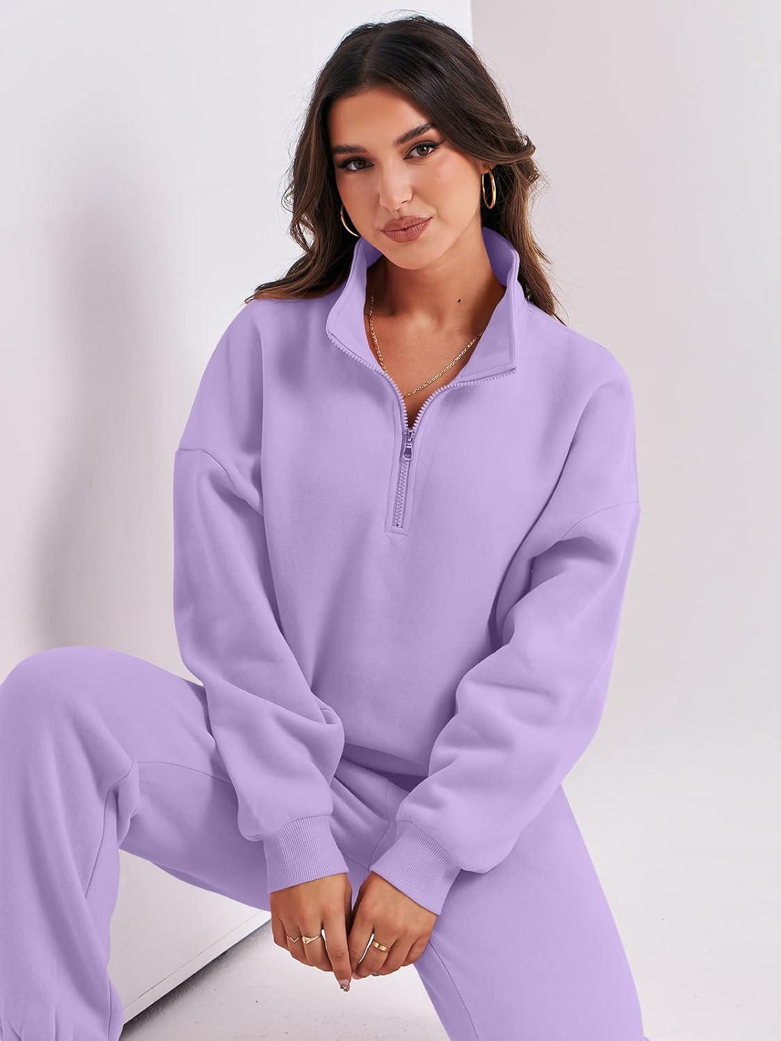 imageANRABESS Women 2 Piece Outfits Sweatsuit Oversized Half Zip Sweatshirt Jogger Sweatpants Tracksuit Lounge Set 2025 ClothesPurple