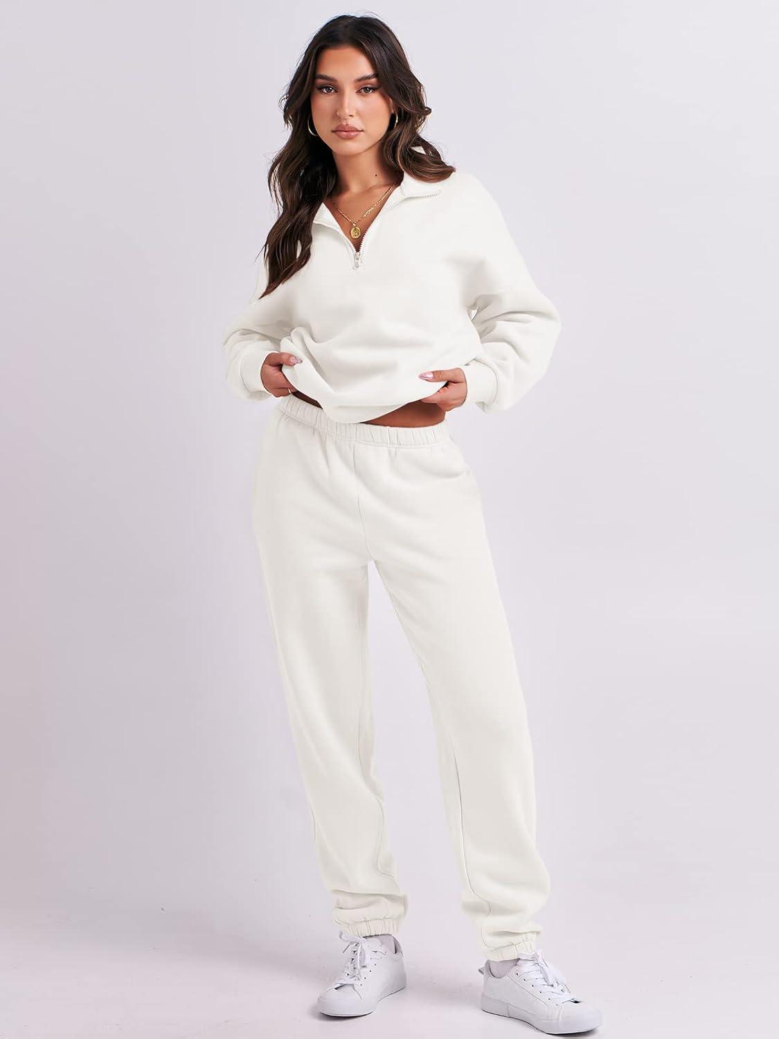 imageANRABESS Women 2 Piece Outfits Sweatsuit Oversized Half Zip Sweatshirt Jogger Sweatpants Tracksuit Lounge Set 2025 ClothesWhite