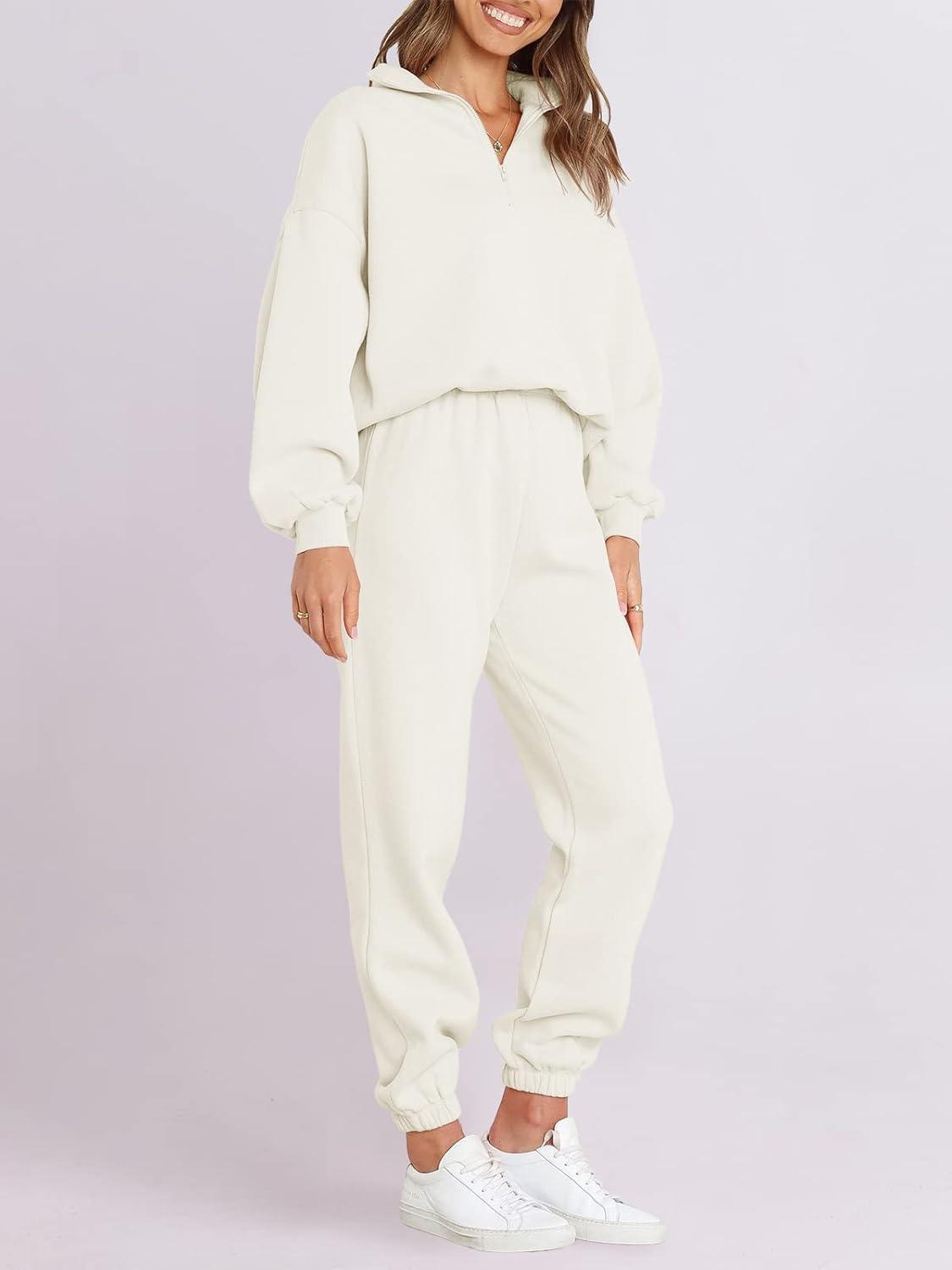 imageANRABESS Women 2 Piece Outfits Sweatsuit Oversized Half Zip Sweatshirt Jogger Sweatpants Tracksuit Lounge Set 2025 ClothesWhite