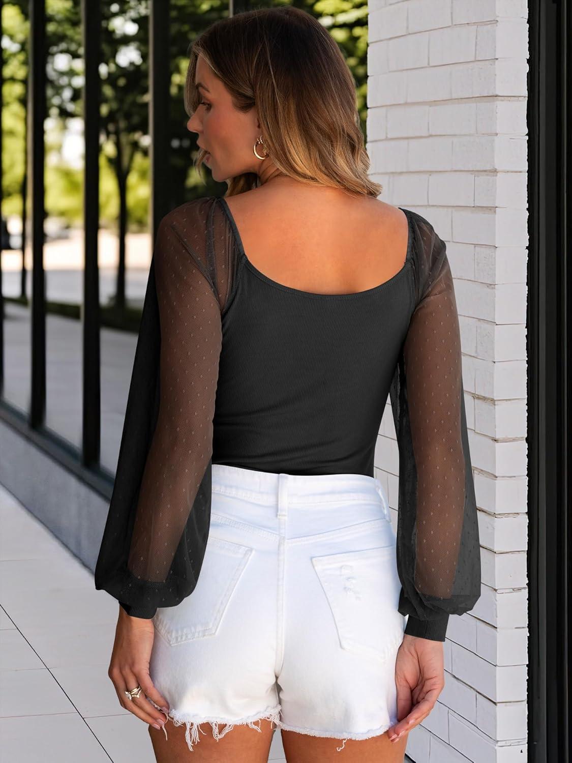 imageANRABESS Women Mesh Long Sleeve Shirts Dressy Casual Blouses Square Neck Ribbed Slim Tops Going Out Date Night Fall OutfitsBlack