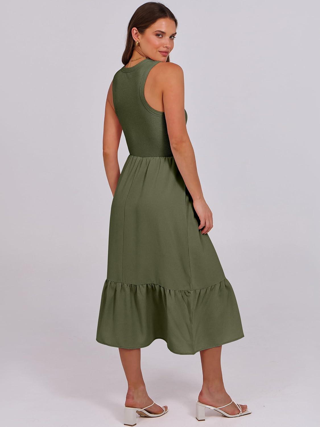 imageANRABESS Women Midi Dresses 2025 Summer Casual Sleeveless Sundress High Neck Tank Top Racerback Flowy Beach Dress PocketsArmy Green