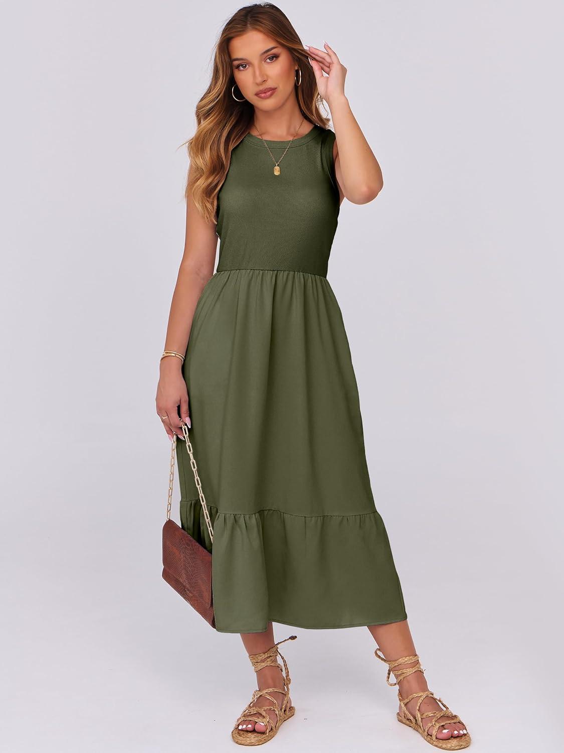 imageANRABESS Women Midi Dresses 2025 Summer Casual Sleeveless Sundress High Neck Tank Top Racerback Flowy Beach Dress PocketsArmy Green