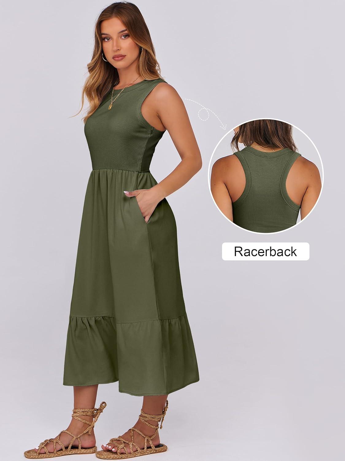 imageANRABESS Women Midi Dresses 2025 Summer Casual Sleeveless Sundress High Neck Tank Top Racerback Flowy Beach Dress PocketsArmy Green