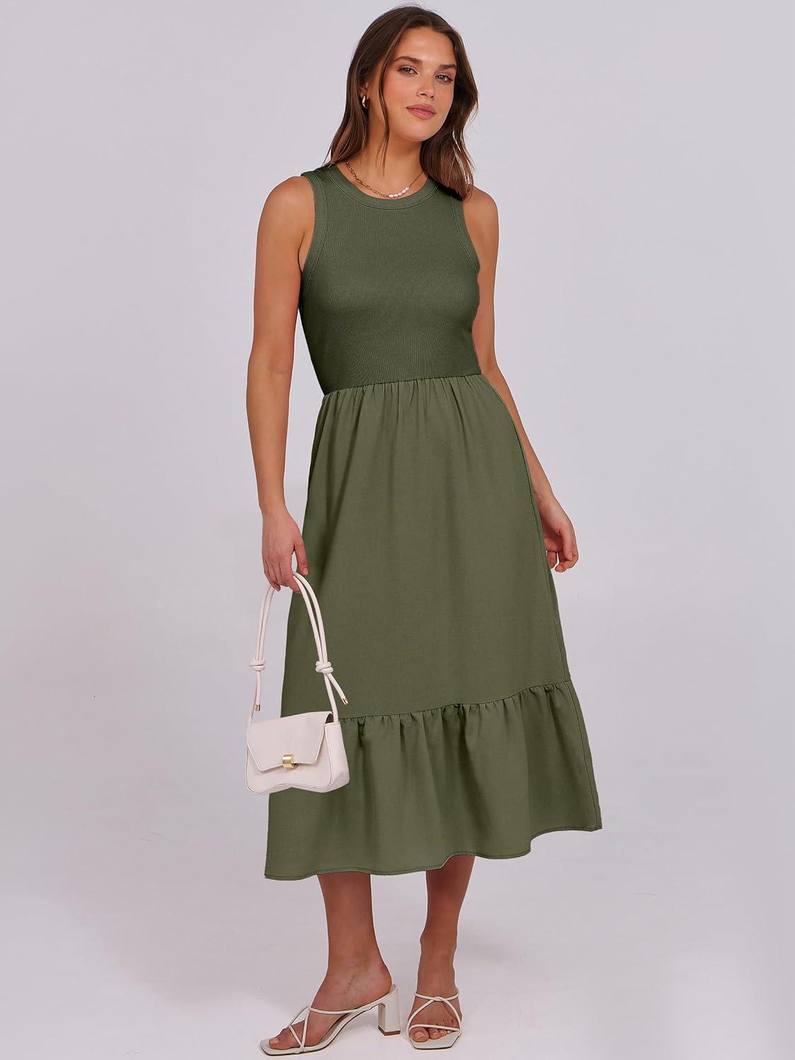 imageANRABESS Women Midi Dresses 2025 Summer Casual Sleeveless Sundress High Neck Tank Top Racerback Flowy Beach Dress PocketsArmy Green