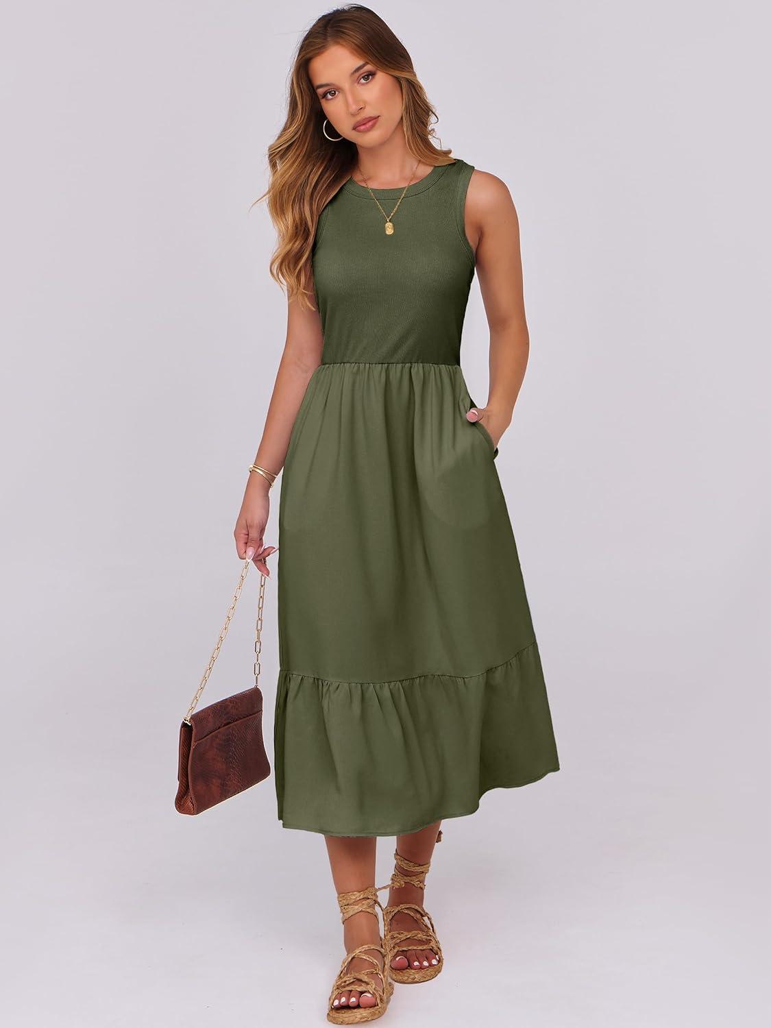 imageANRABESS Women Midi Dresses 2025 Summer Casual Sleeveless Sundress High Neck Tank Top Racerback Flowy Beach Dress PocketsArmy Green