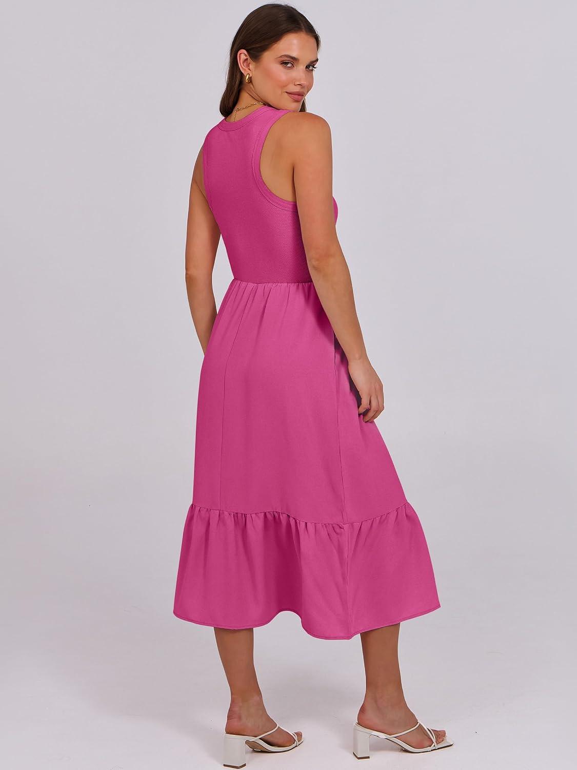 imageANRABESS Women Midi Dresses 2025 Summer Casual Sleeveless Sundress High Neck Tank Top Racerback Flowy Beach Dress PocketsHot Pink