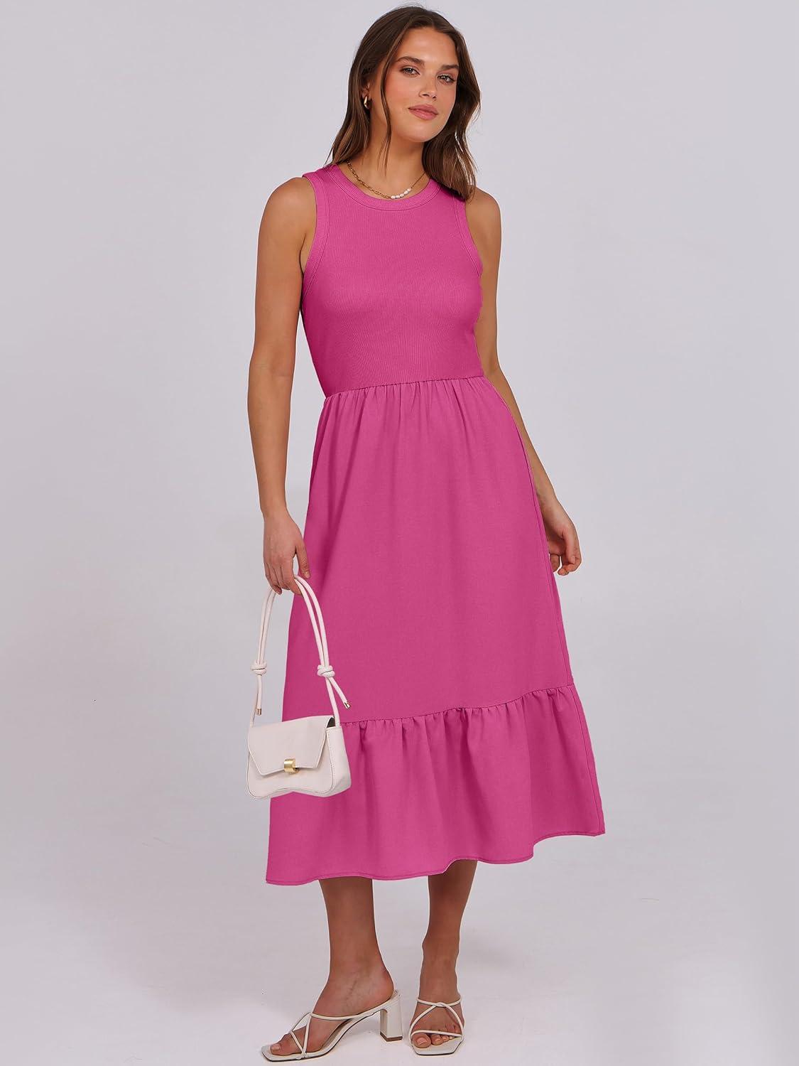 imageANRABESS Women Midi Dresses 2025 Summer Casual Sleeveless Sundress High Neck Tank Top Racerback Flowy Beach Dress PocketsHot Pink